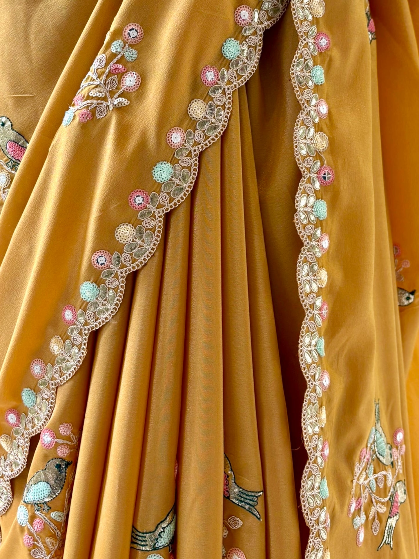 Yellow soft organza embellished saree
