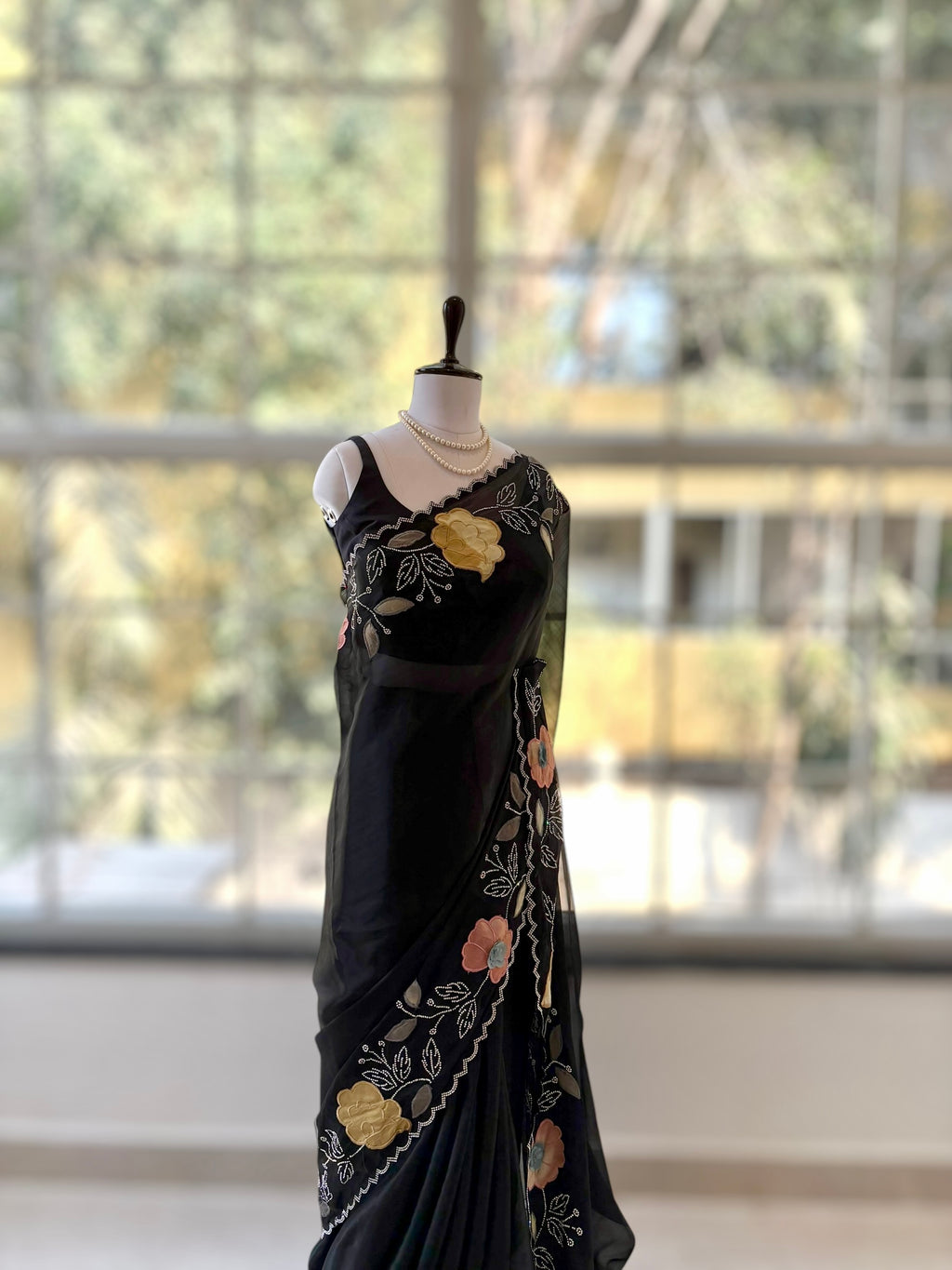 Fendy satin floral stone work saree - Black