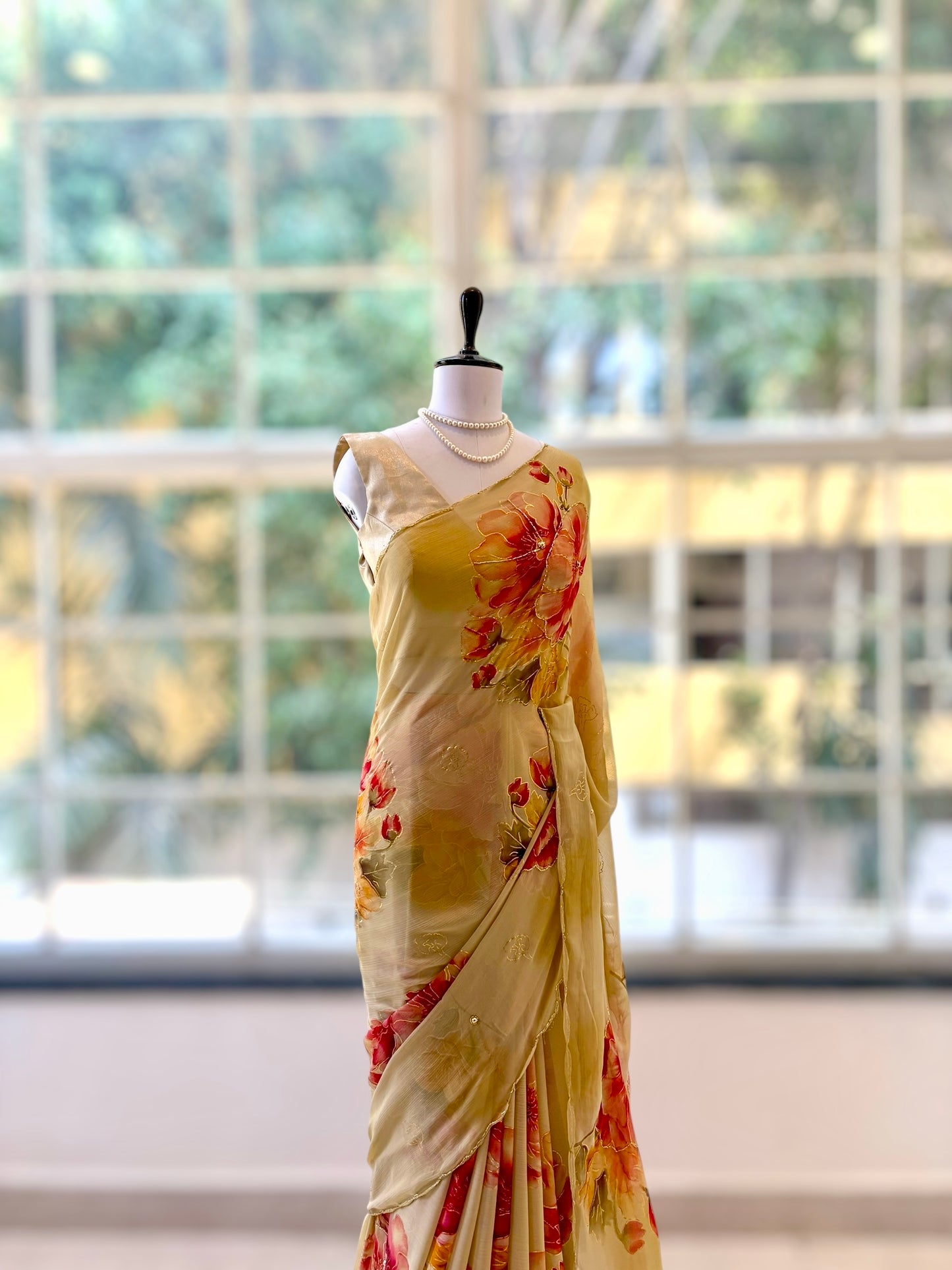 Floral chiffon embellished saree - Golden