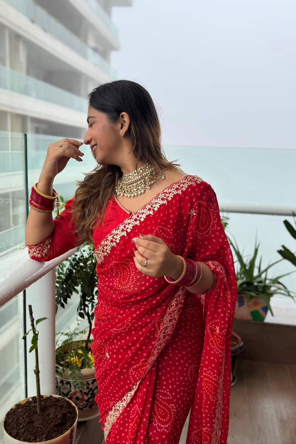 Georgette bandhani saree - Red