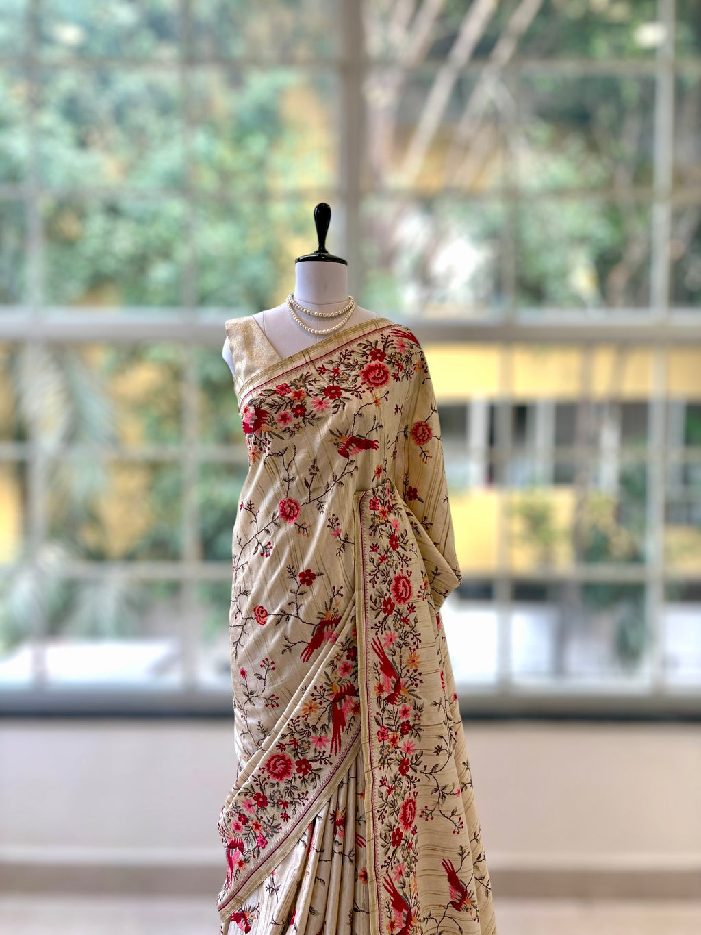 Beige resham threadwork saree