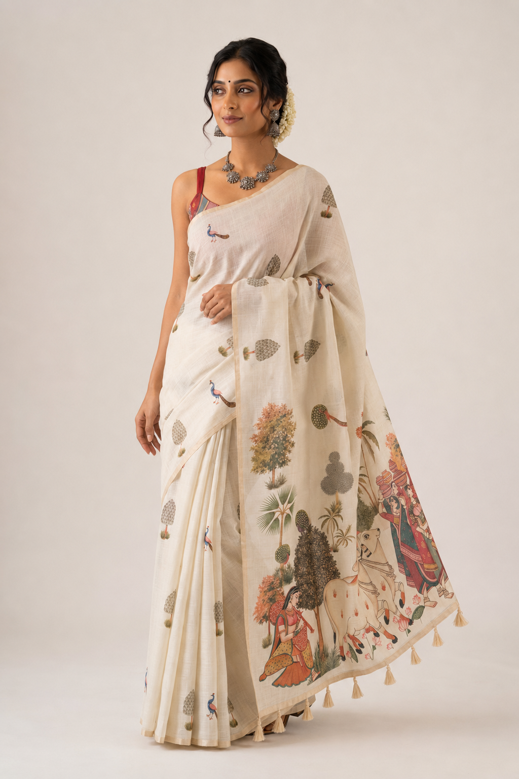 Beige printed soft cotton linen saree