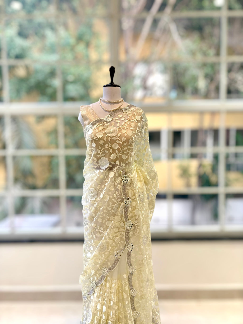 Off white floral net saree