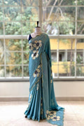 Floral print scallop saree - Aqua Blue