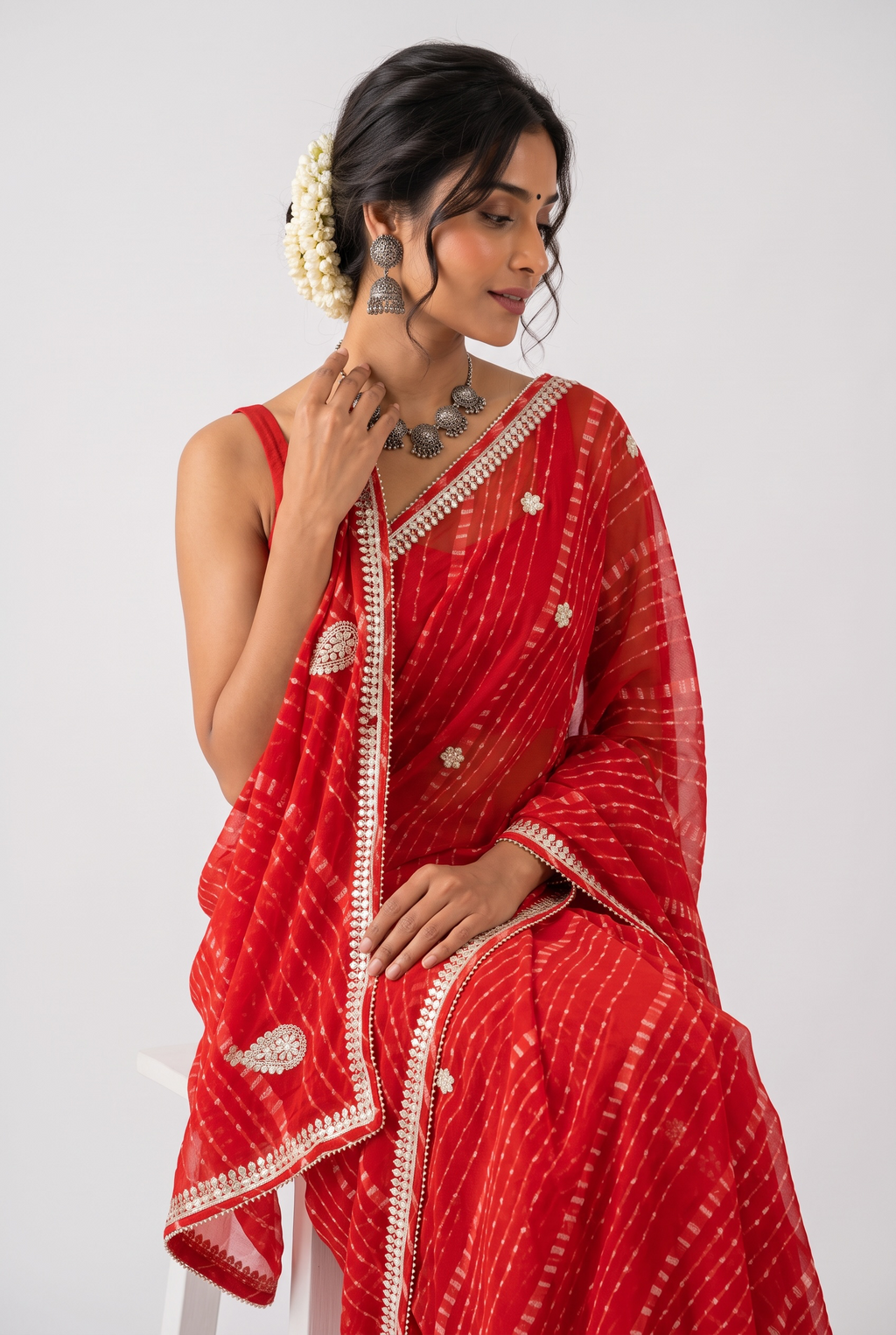 Georgette bandhani print gotta work saree - Red