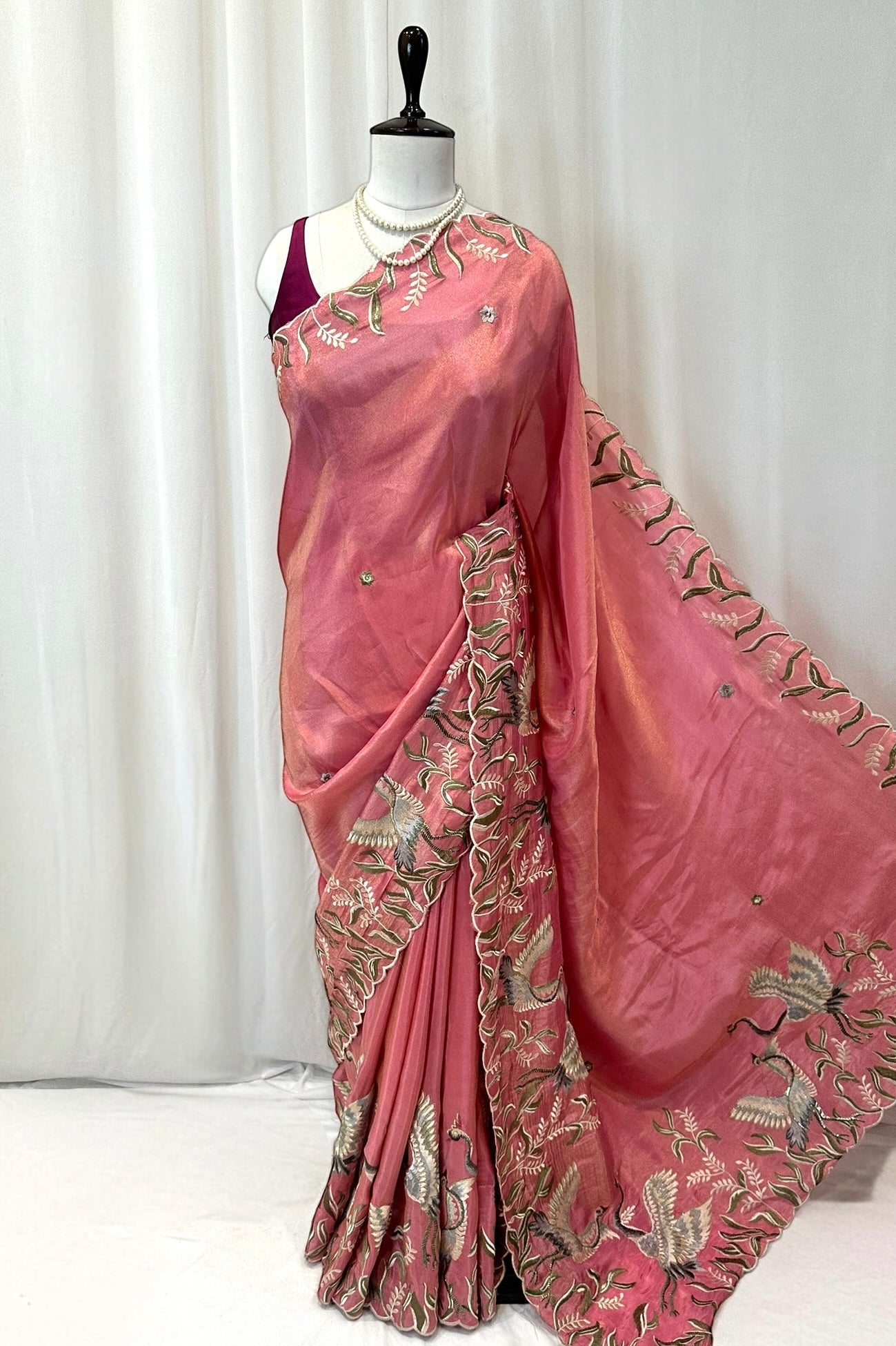 Tissue embroidered saree - Pink