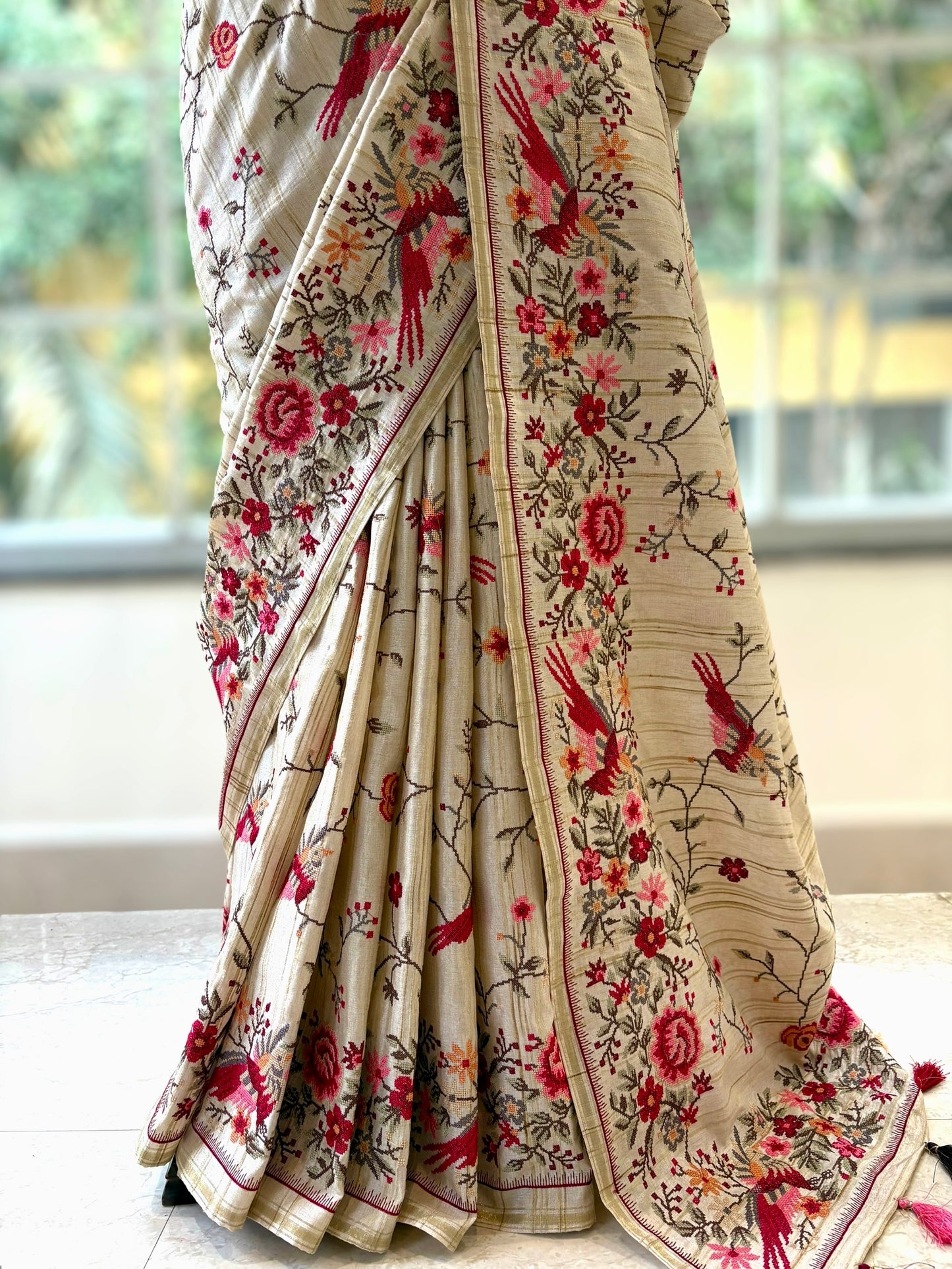 Beige resham threadwork saree