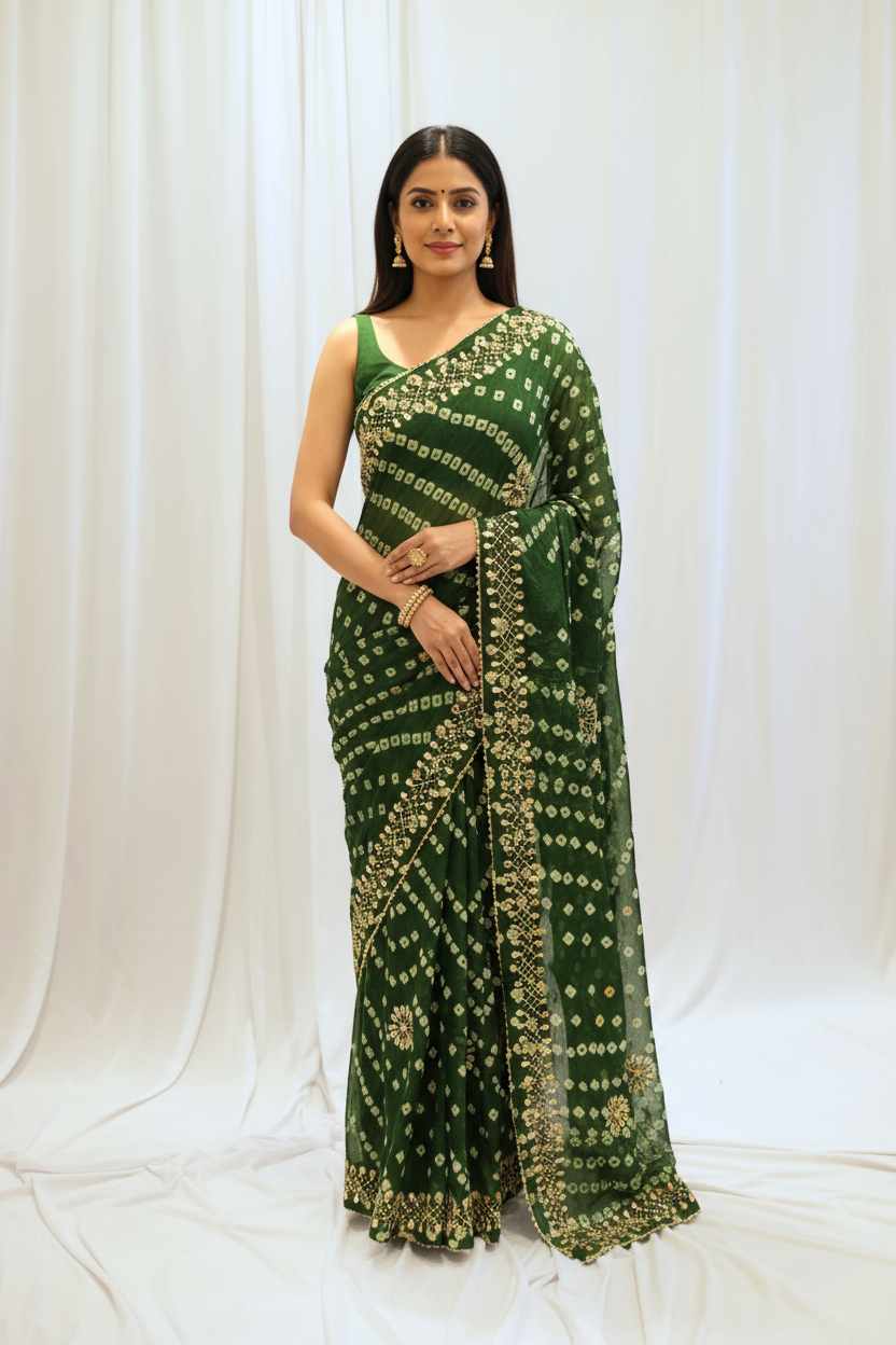 Pure viscose bandhani saree - Green