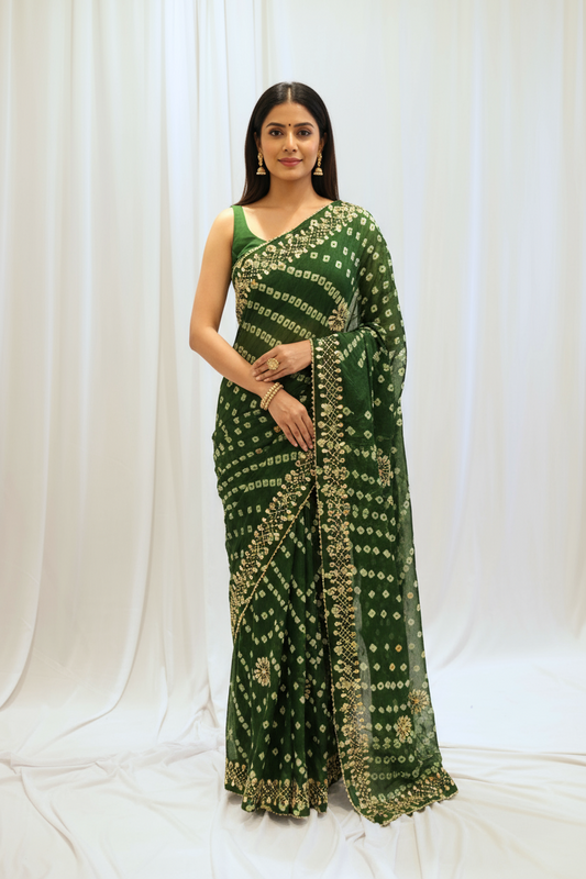 Pure viscose bandhani saree - Green