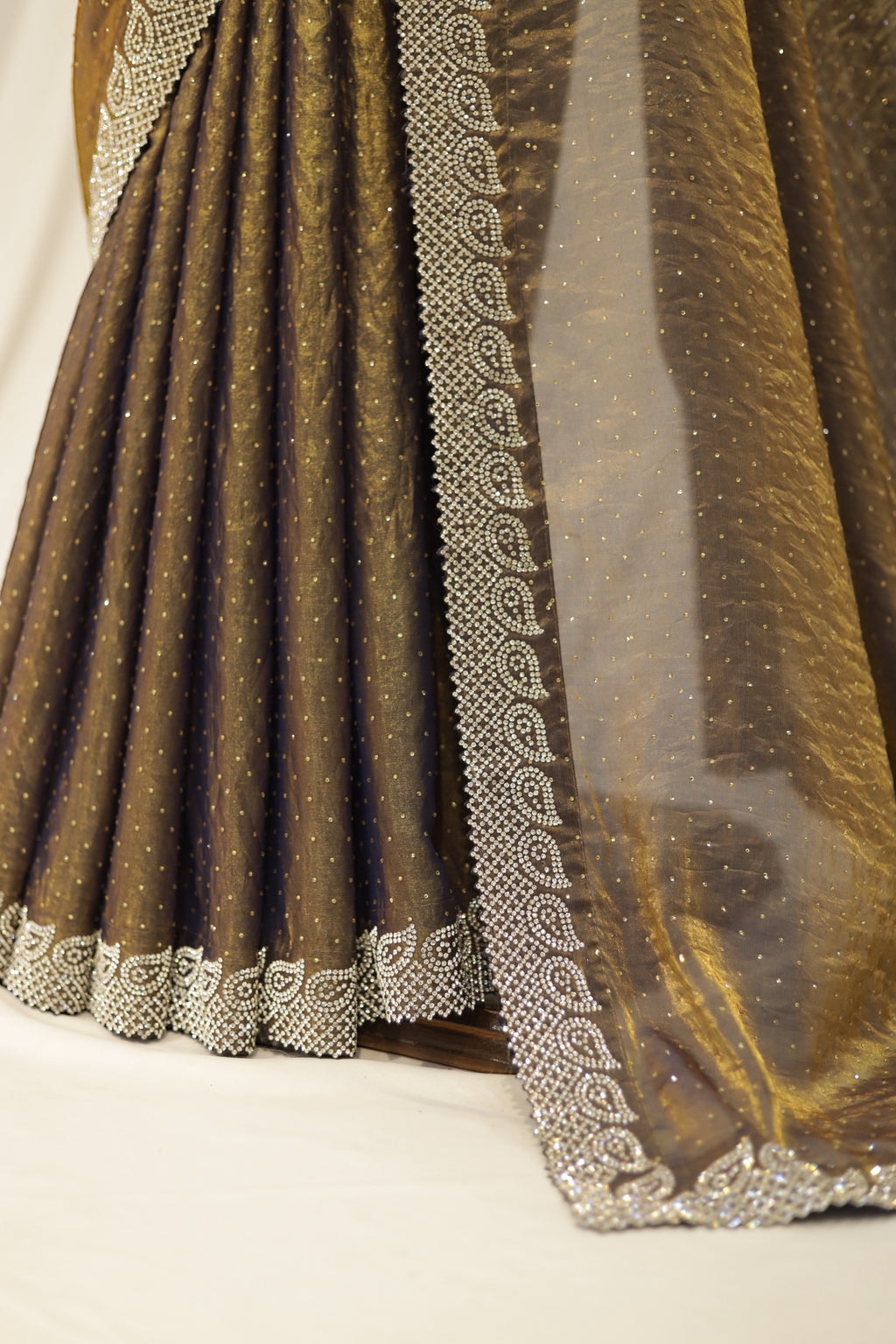 Golden fendy satin shimmer saree