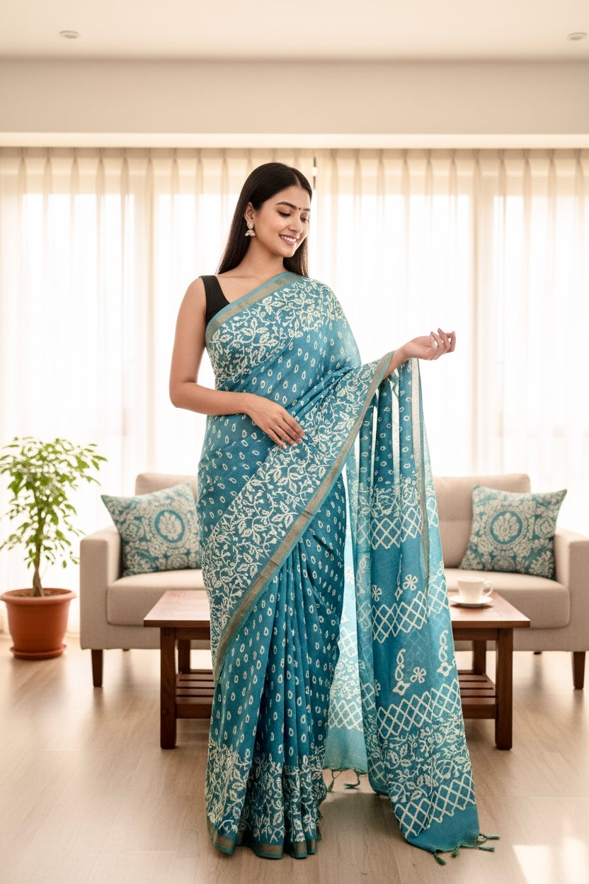Muslin cotton saree - Powder Blue