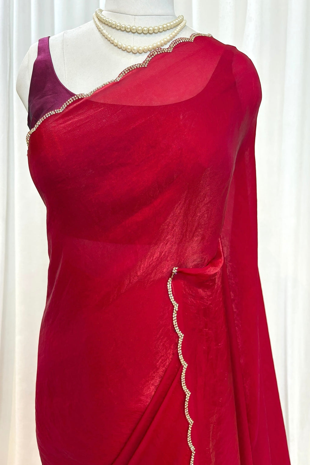Crimson fendy satin embellished saree