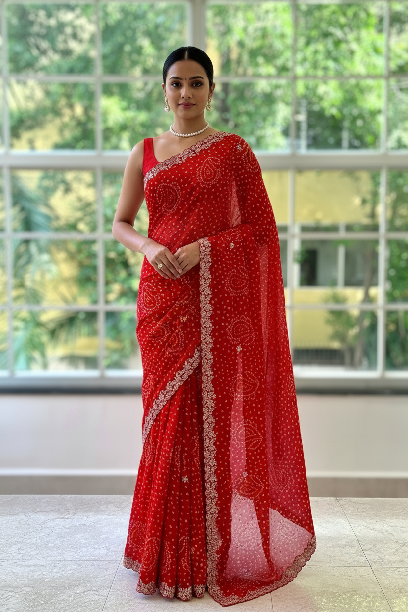 Georgette bandhani saree - Red