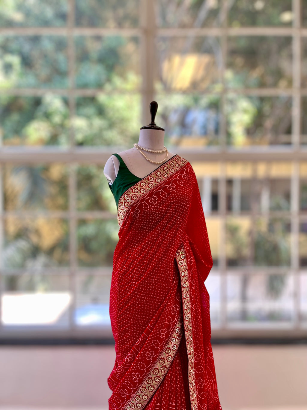 Red Bandhani Printed Saree