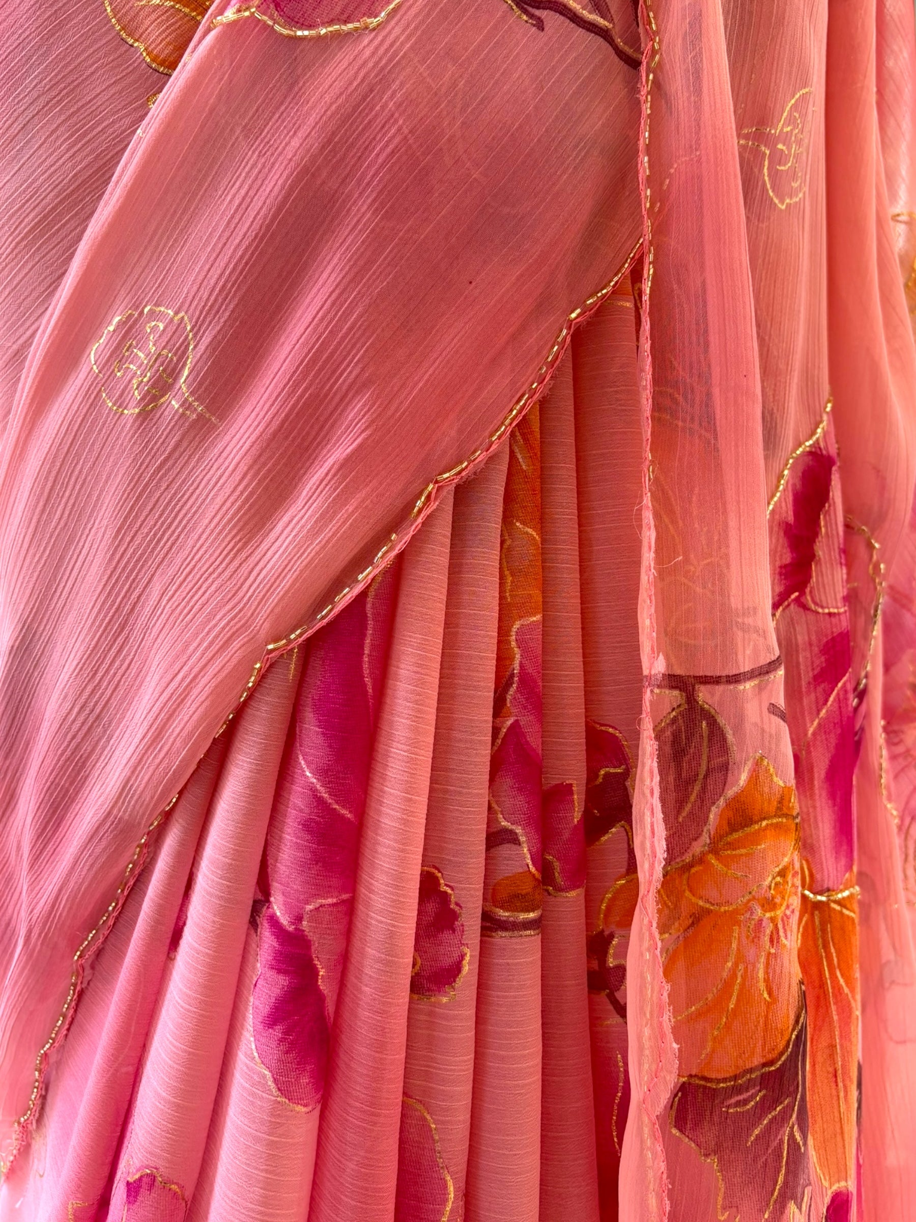 Floral chiffon embellished saree - Pink