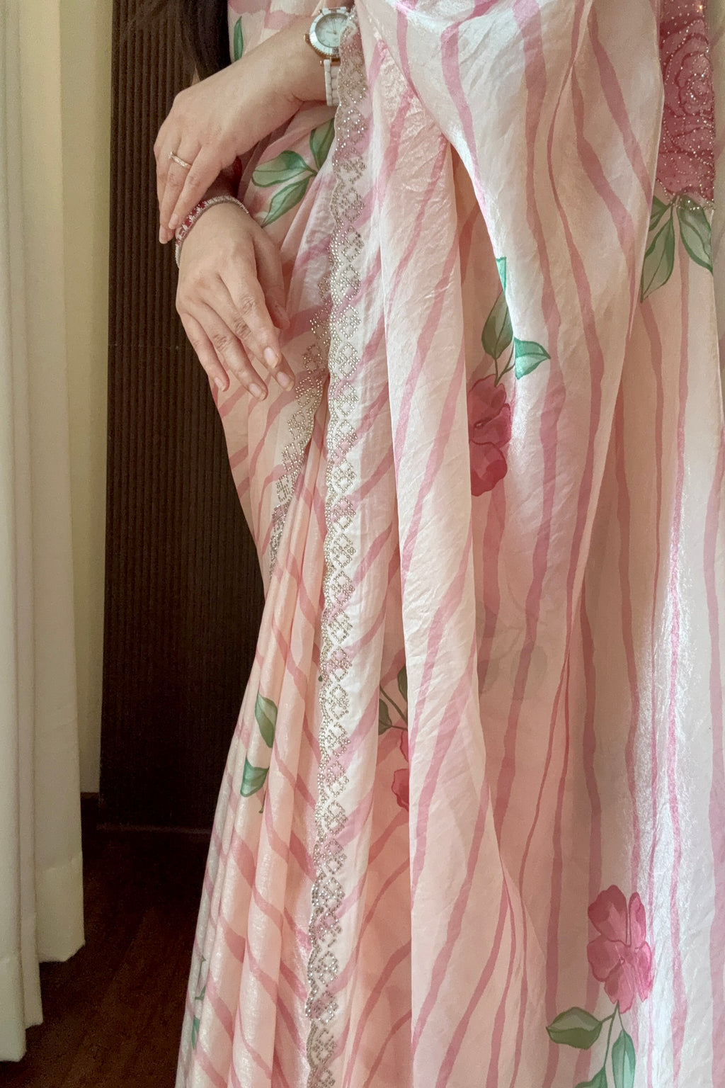 Digital print floral fendy chiffon saree - Blush Pink