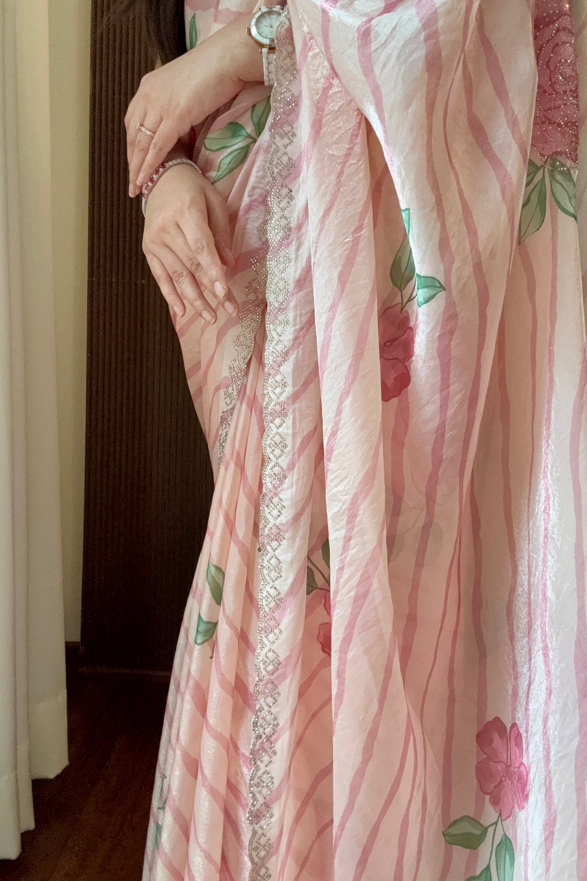 Digital print floral fendy chiffon saree - Blush Pink