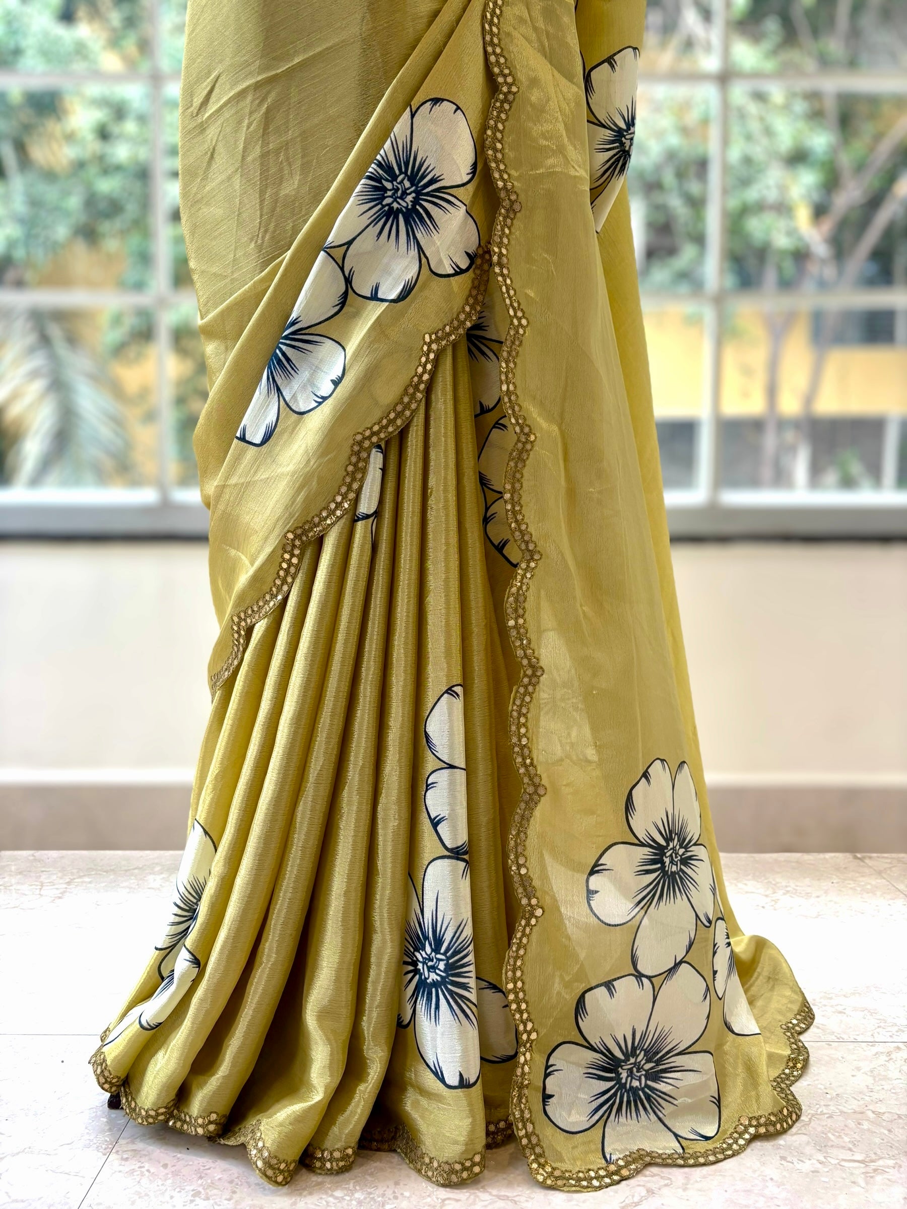 Floral print scallop saree - Lime yellow