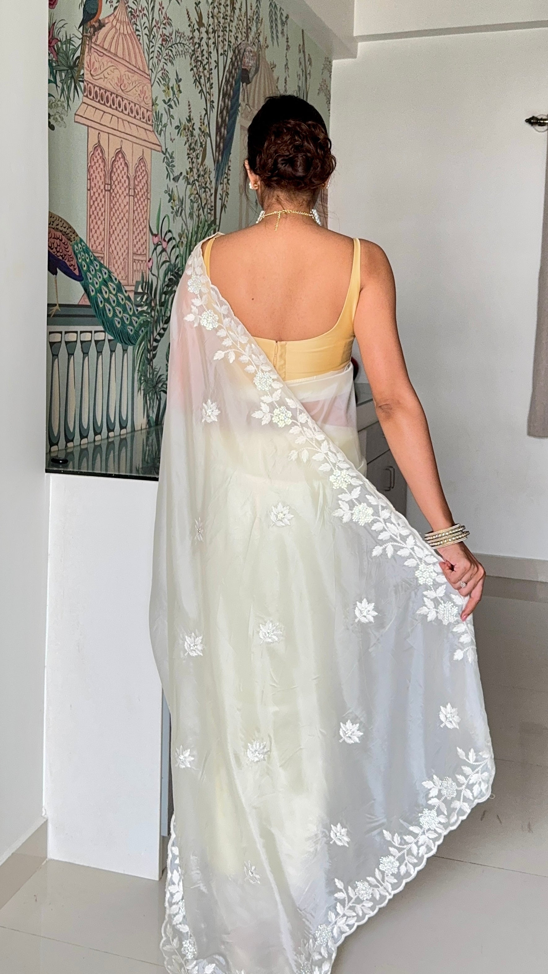 White threadwork embellished scallop saree
