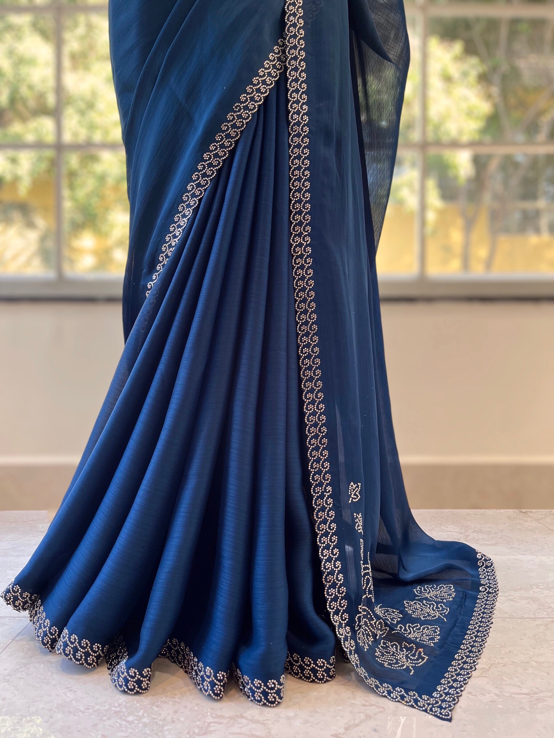Swarovski embellished Marble Chiffon Saree - Navy Blue