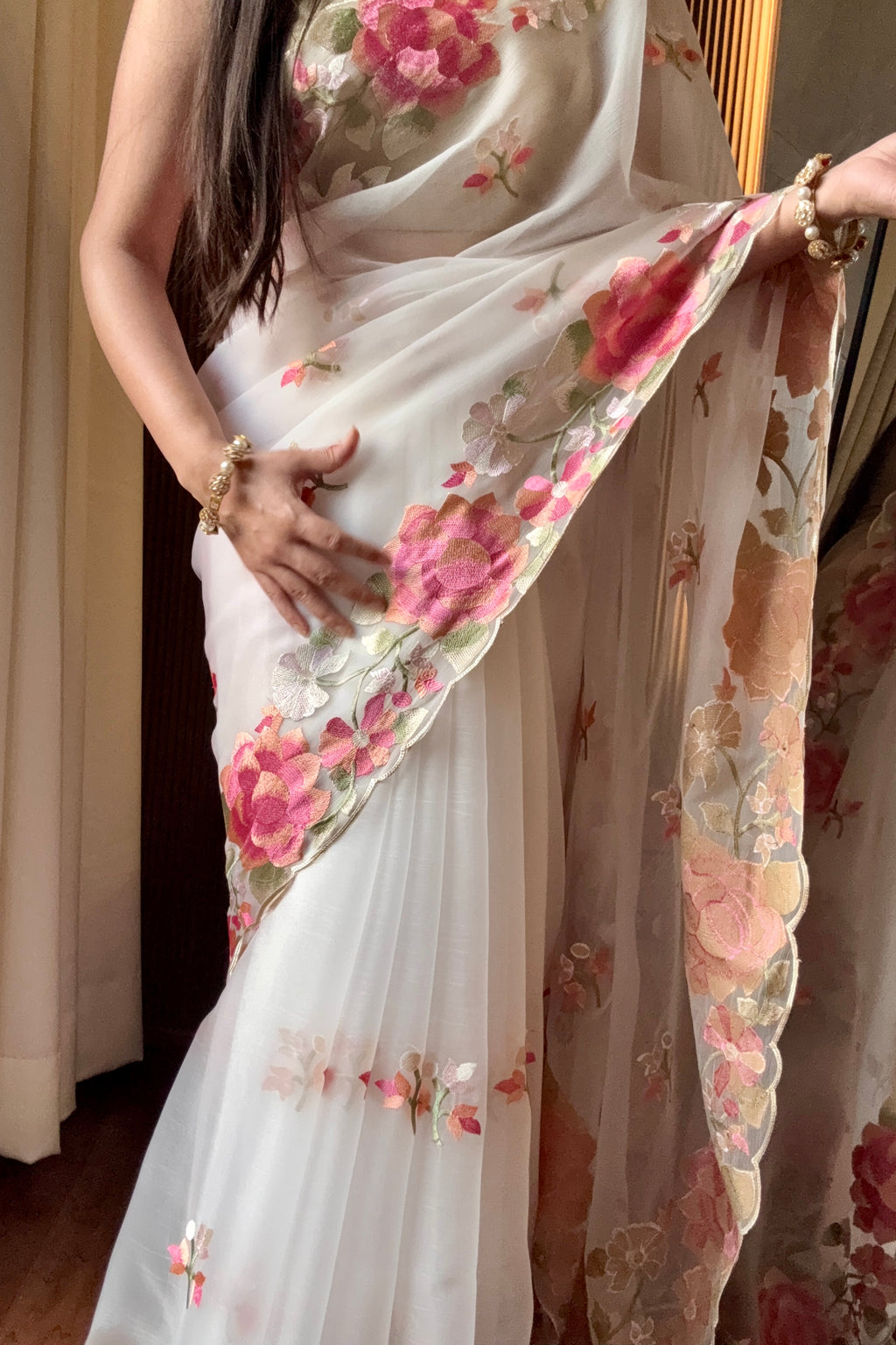 White floral resham threadwork saree