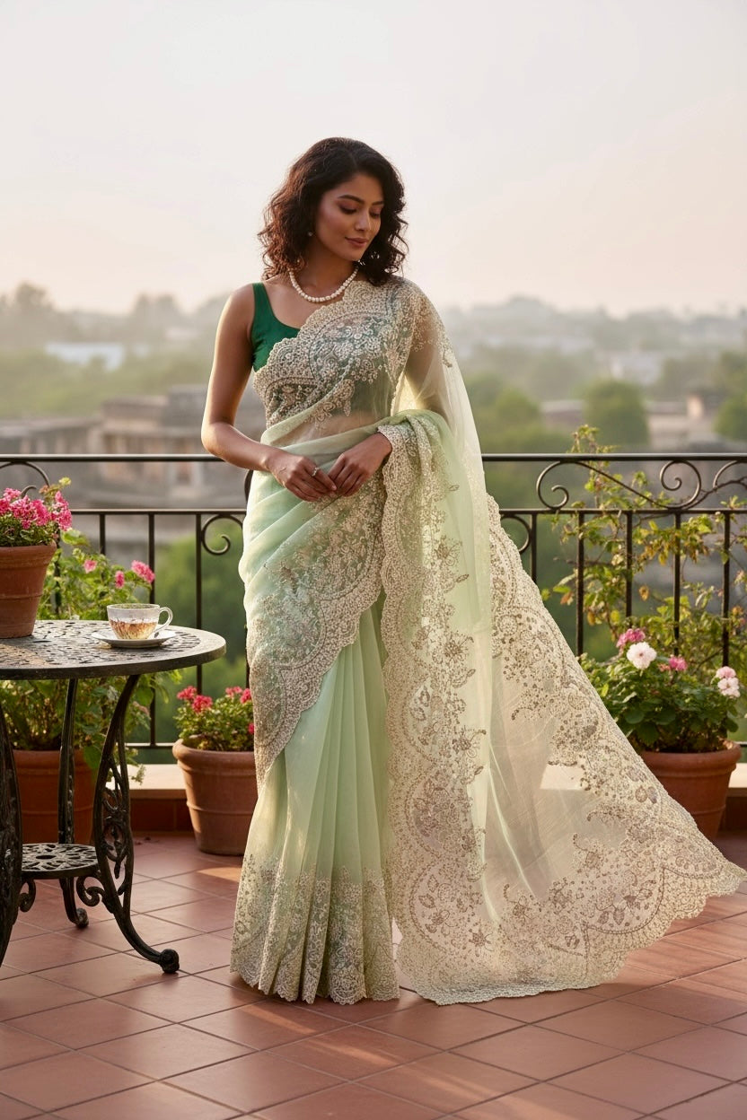 Organza zariwork saree - Green