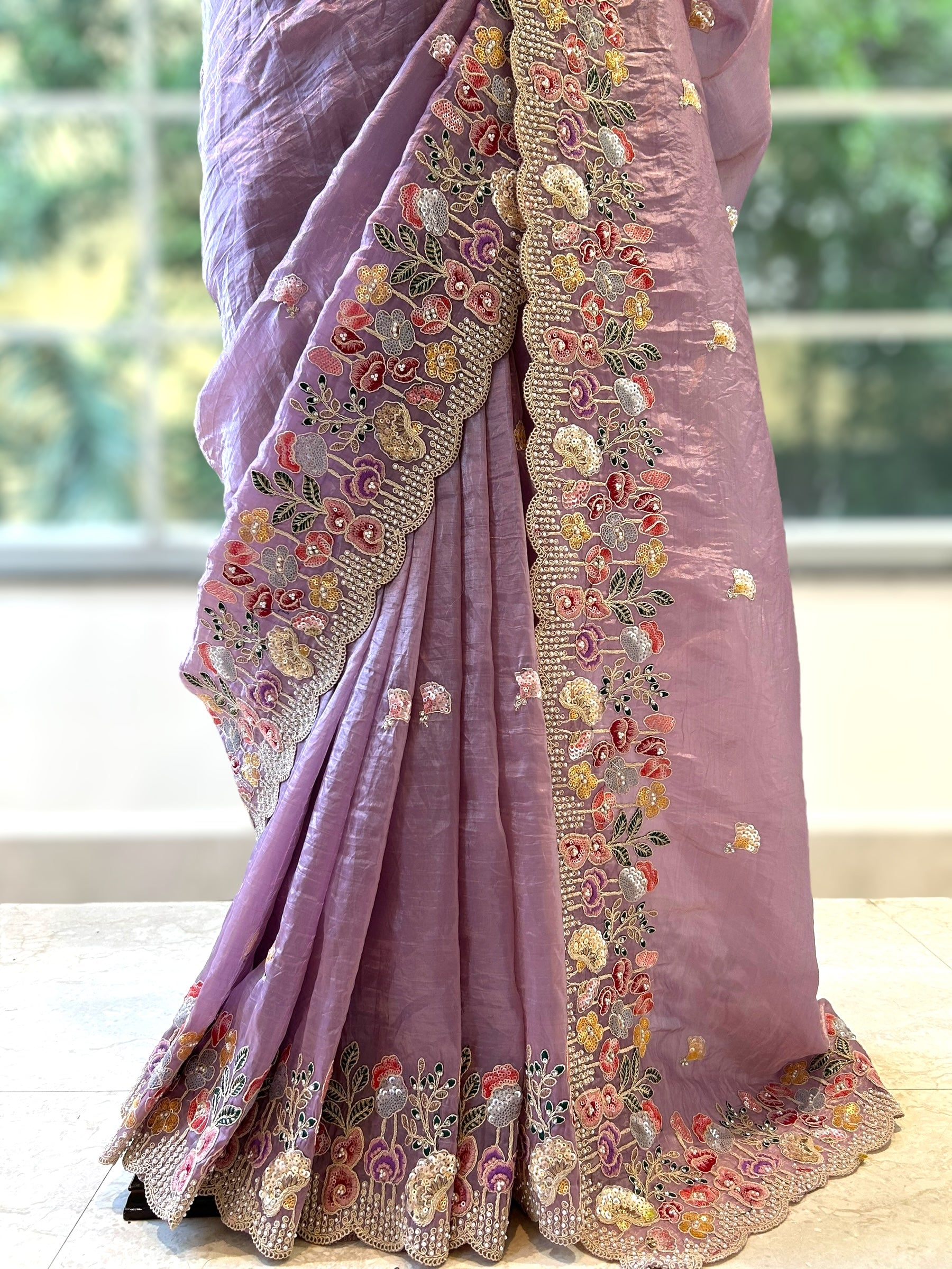 Pearl embroidered organza saree - Lilac