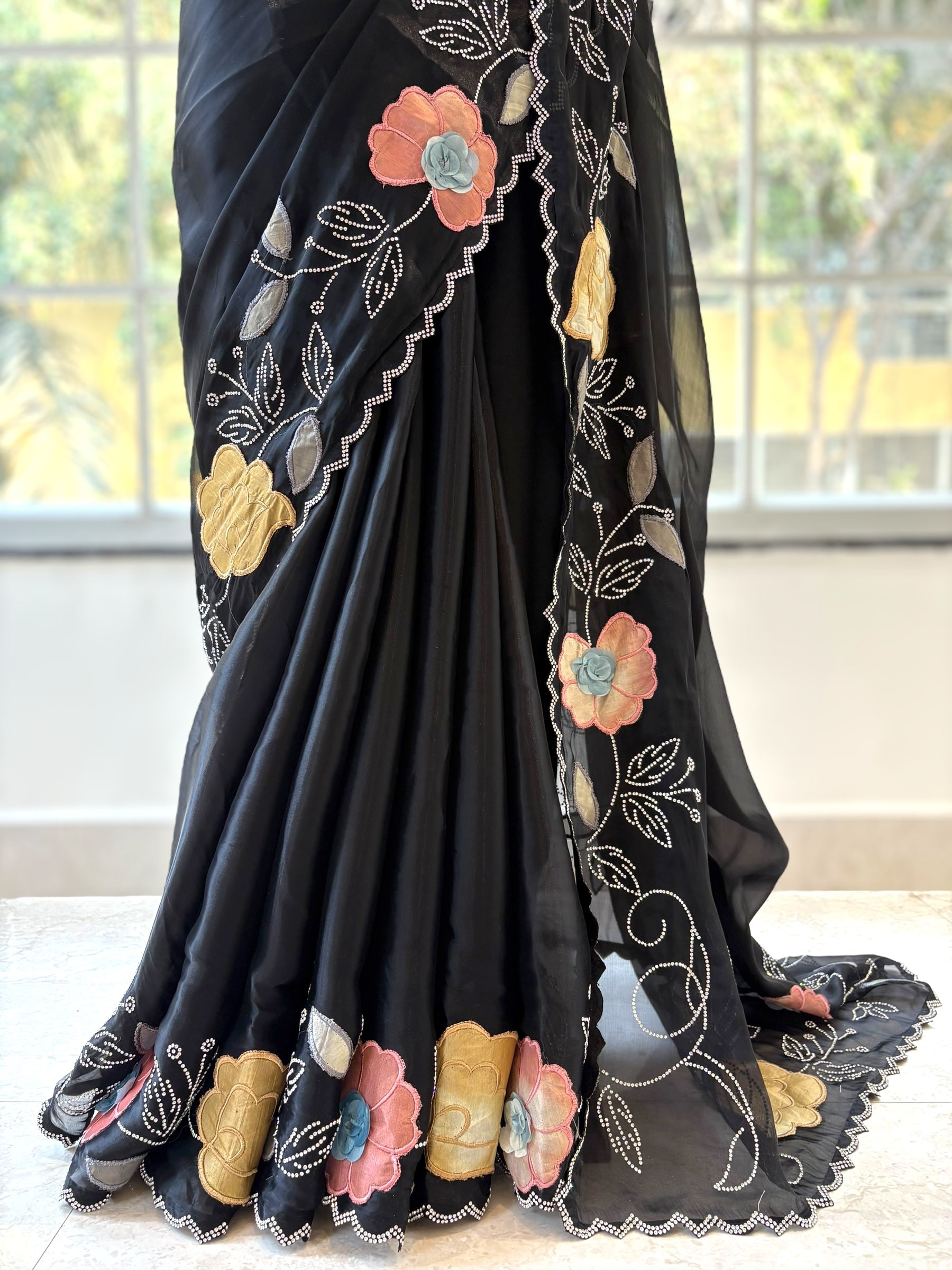 Fendy satin floral stone work saree - Black