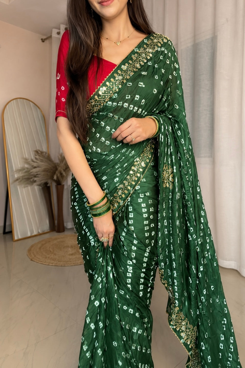 Pure viscose bandhani saree - Green