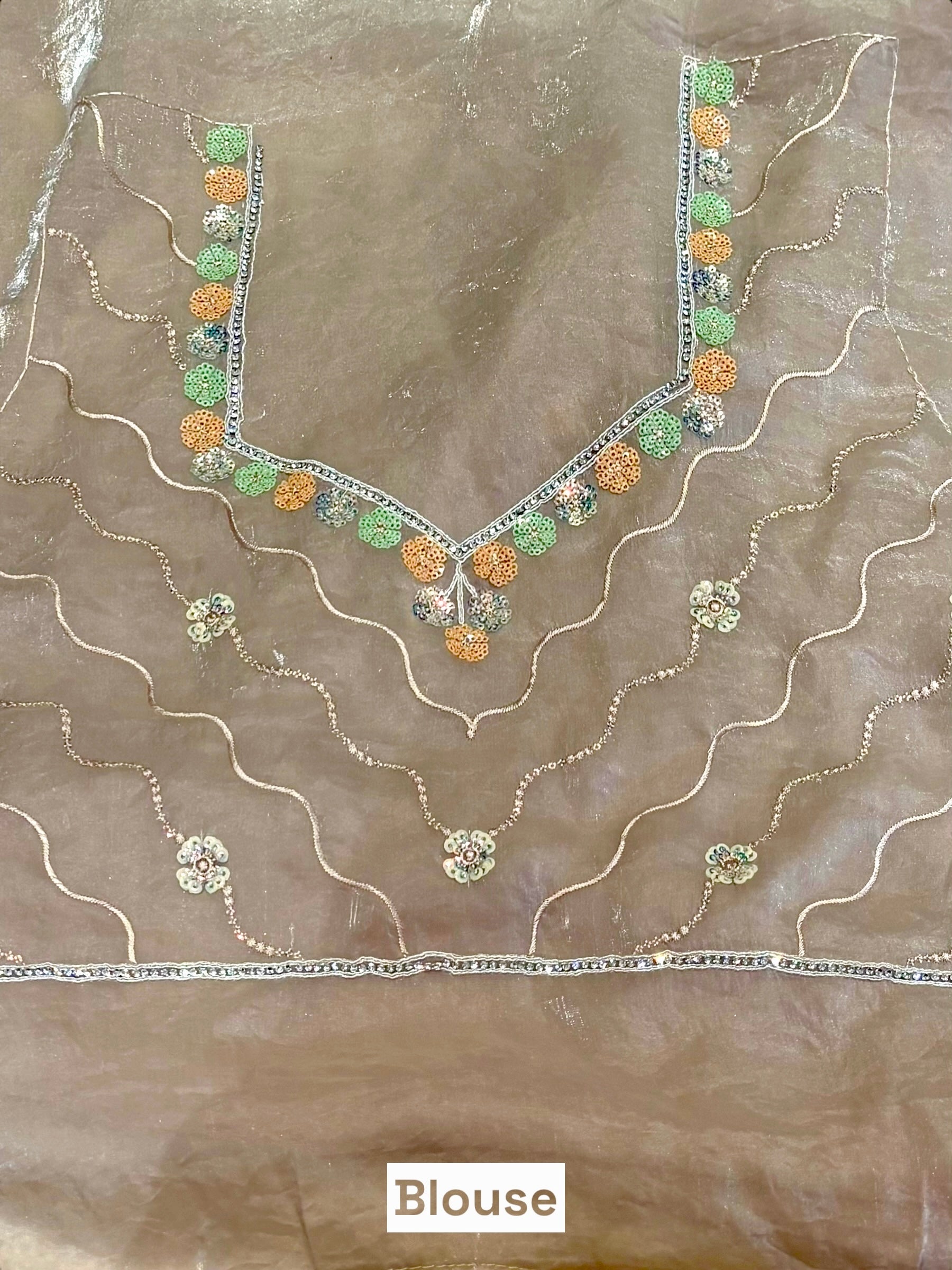 Nude fendy satin embellished saree