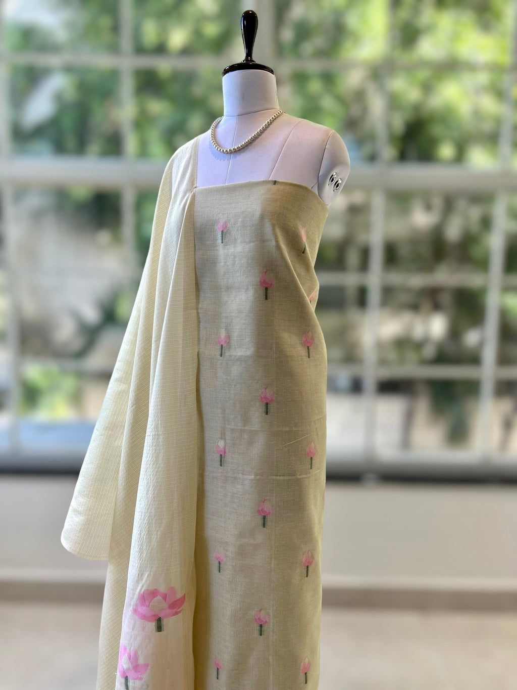 Beige Pure handloom cotton suit set