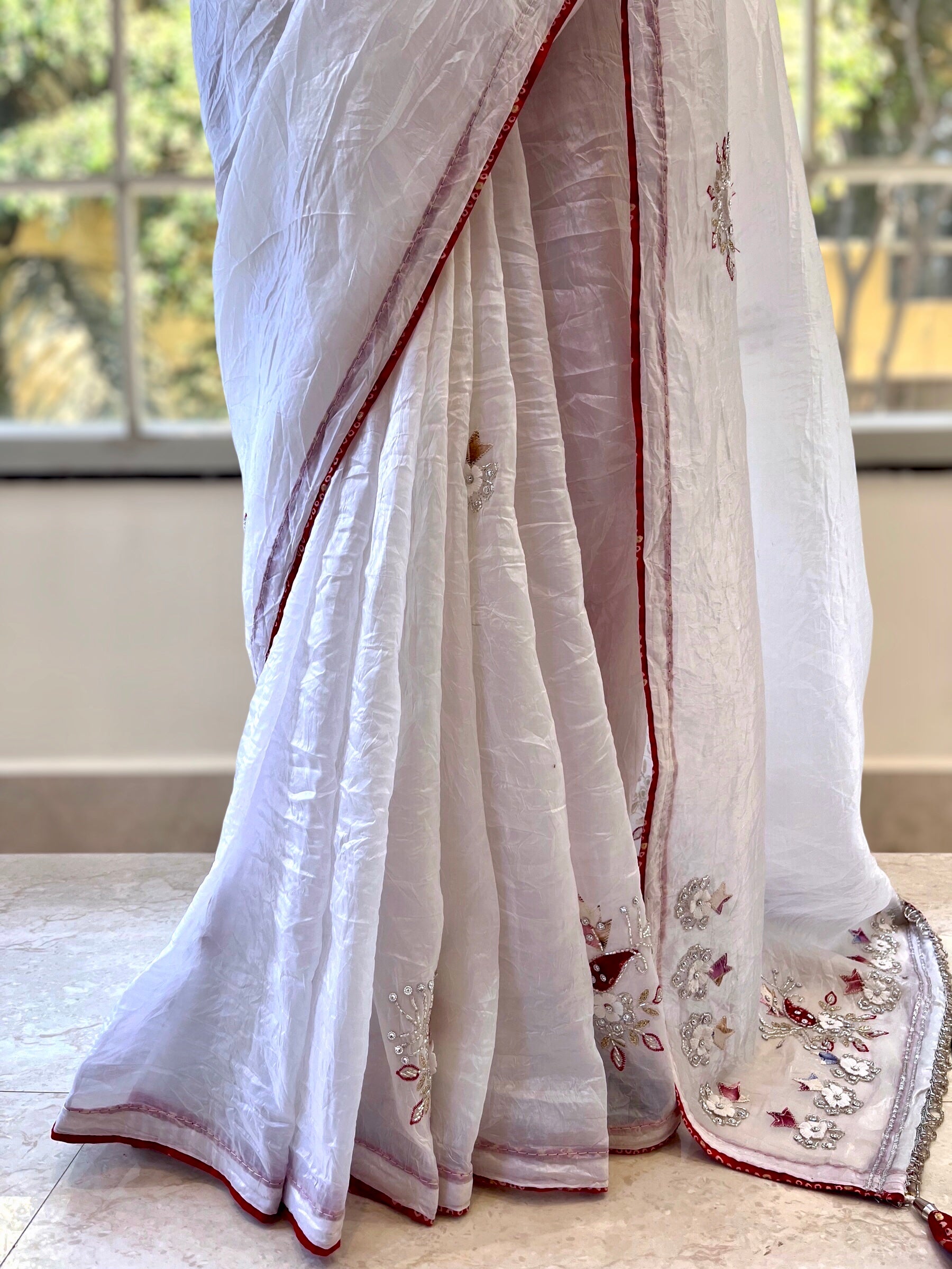 White crushed organza embellished saree