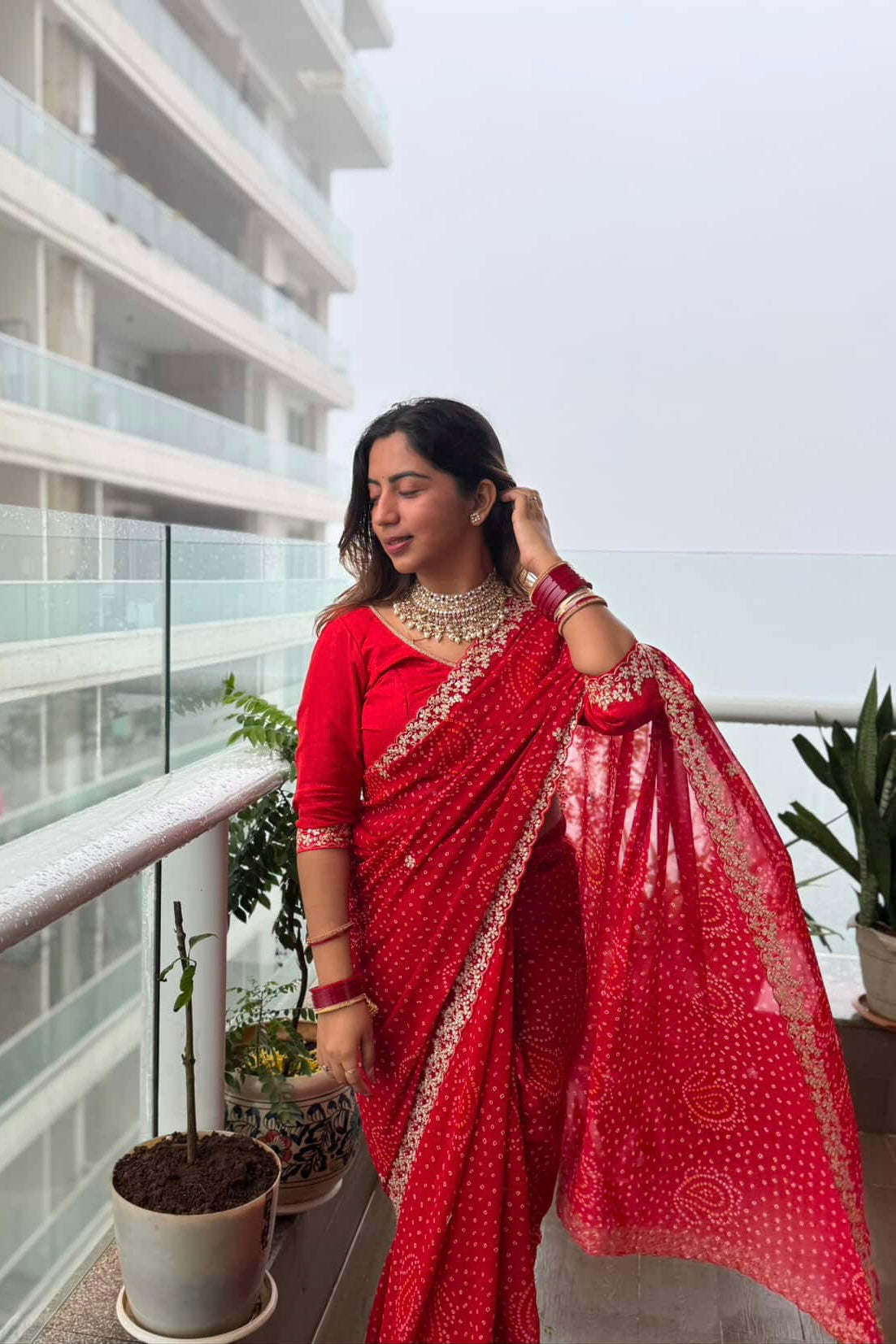 Georgette bandhani saree - Red