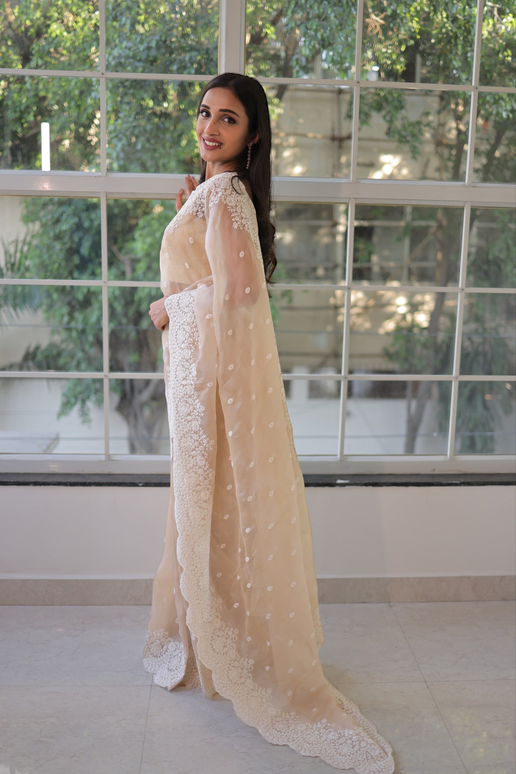 Lucknowi work saree - Nude