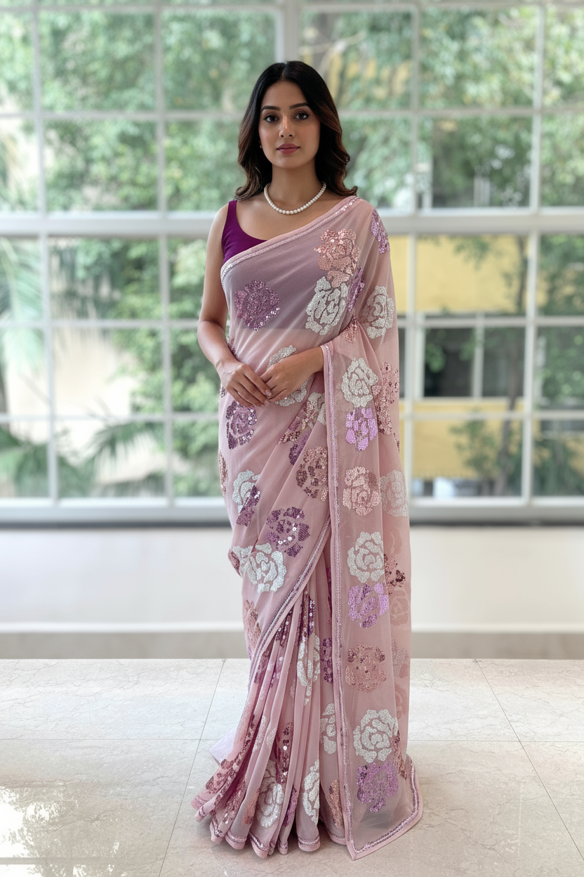 Rose sequins georgette saree - Baby pink