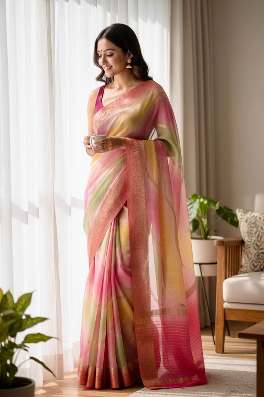 Multicolour Chiffon Threadwork Saree - Pink