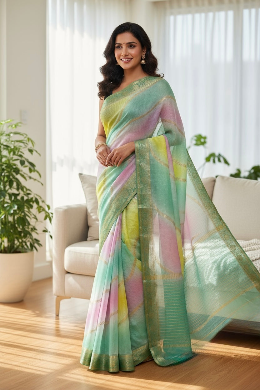 Multicolour Chiffon Threadwork Saree - Blue