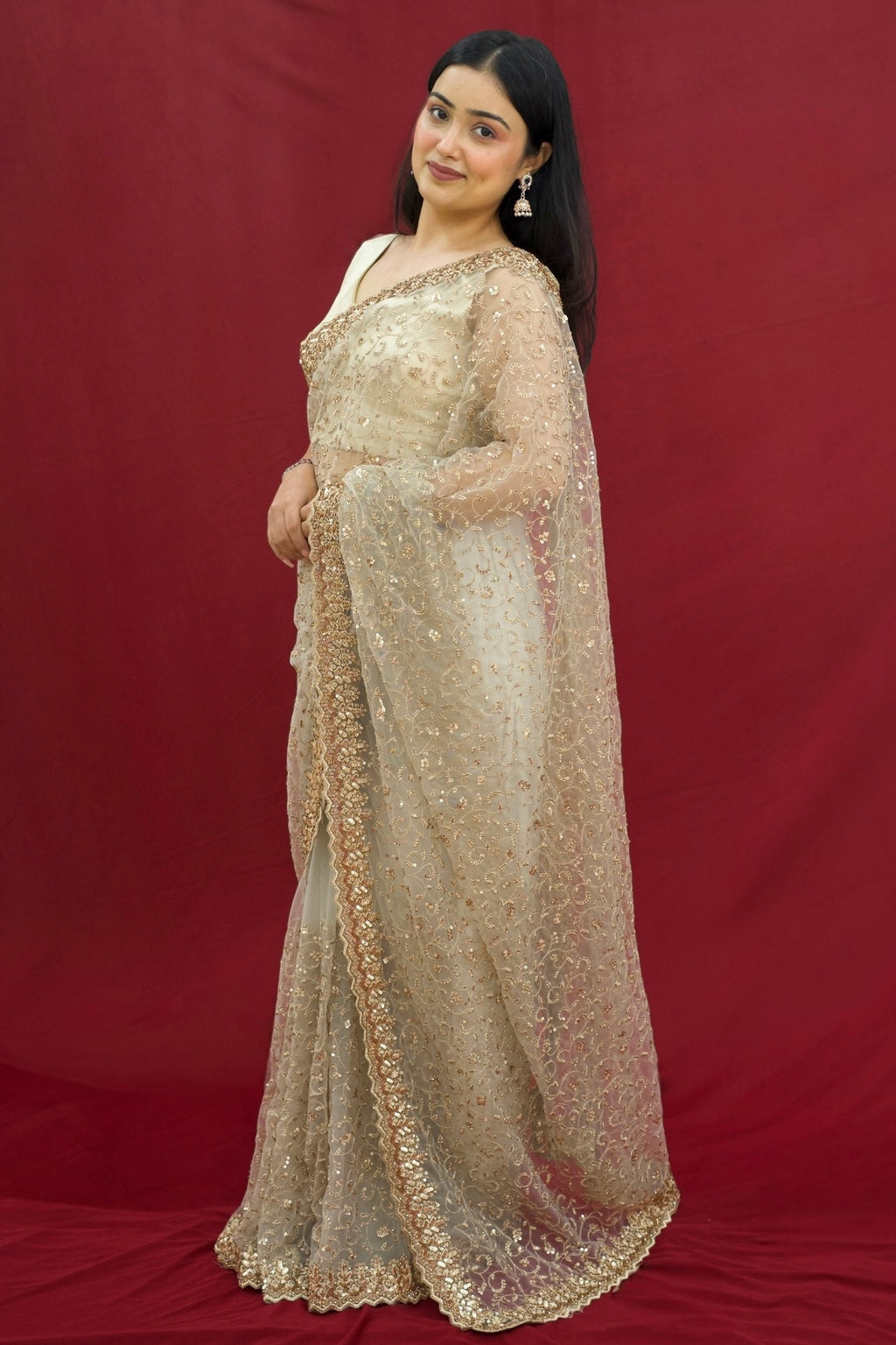 Golden sequins soft net saree - Full Work