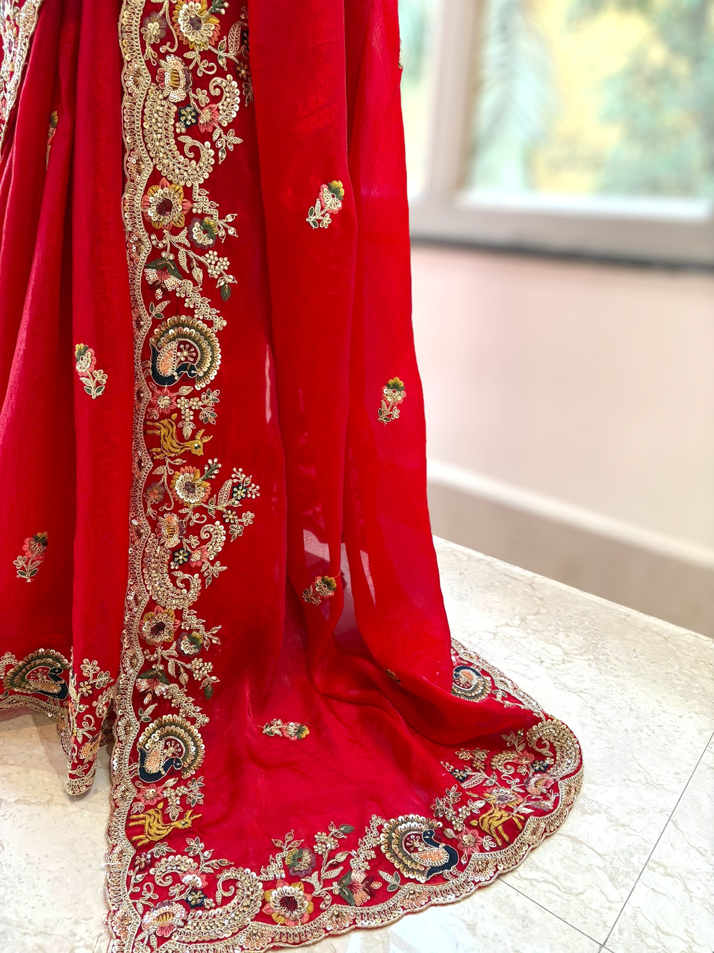 Red fendy satin designer work saree