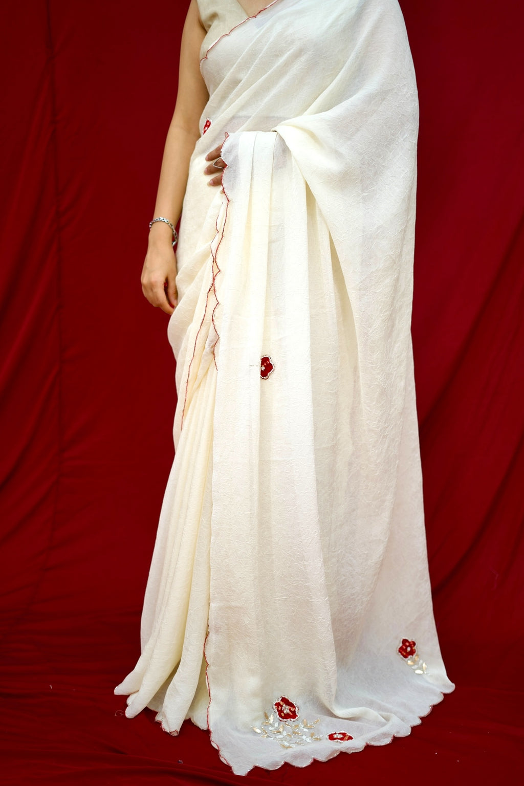 Dola silk bandhani embellished saree - Off White