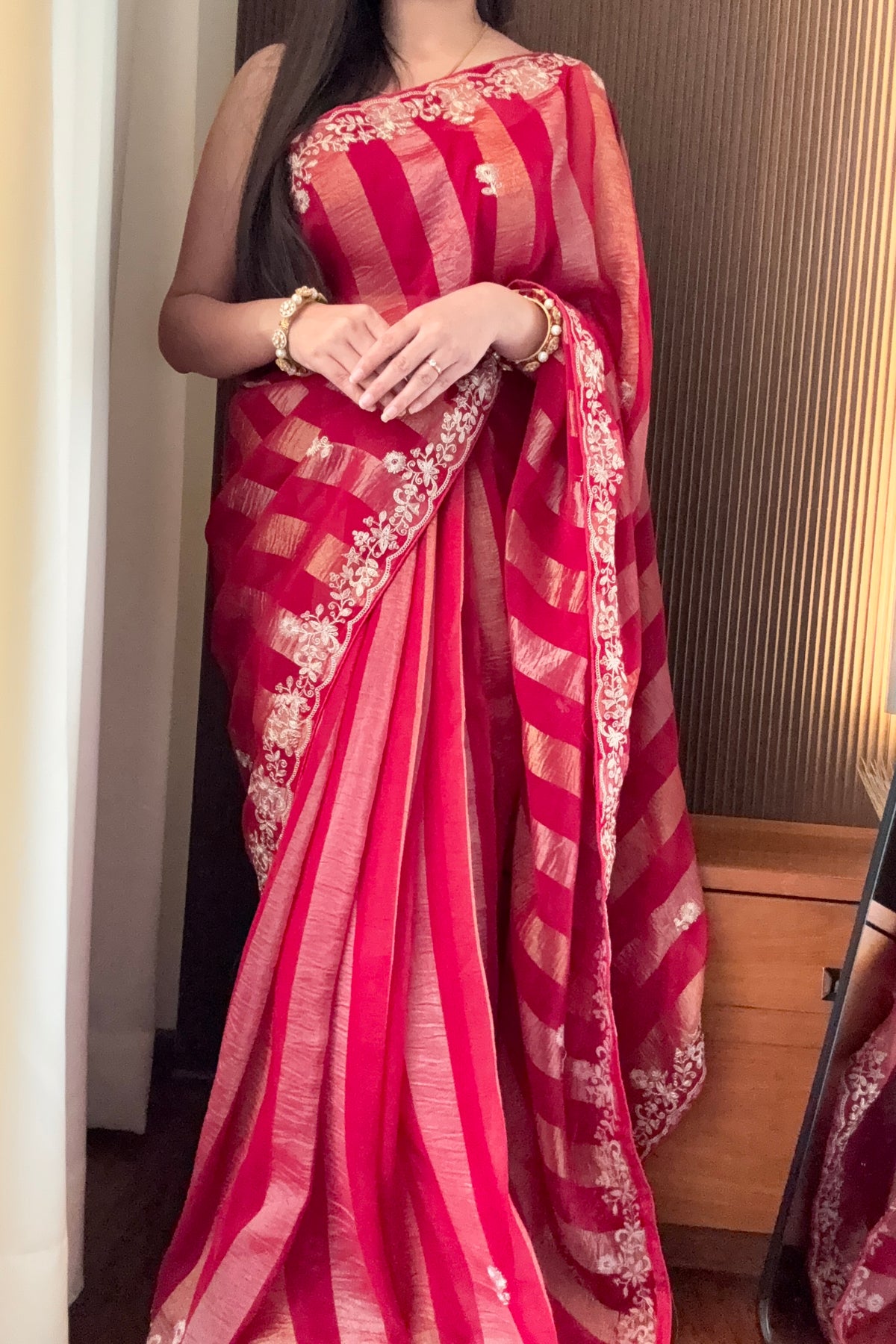 Red zari stipes aariwork saree