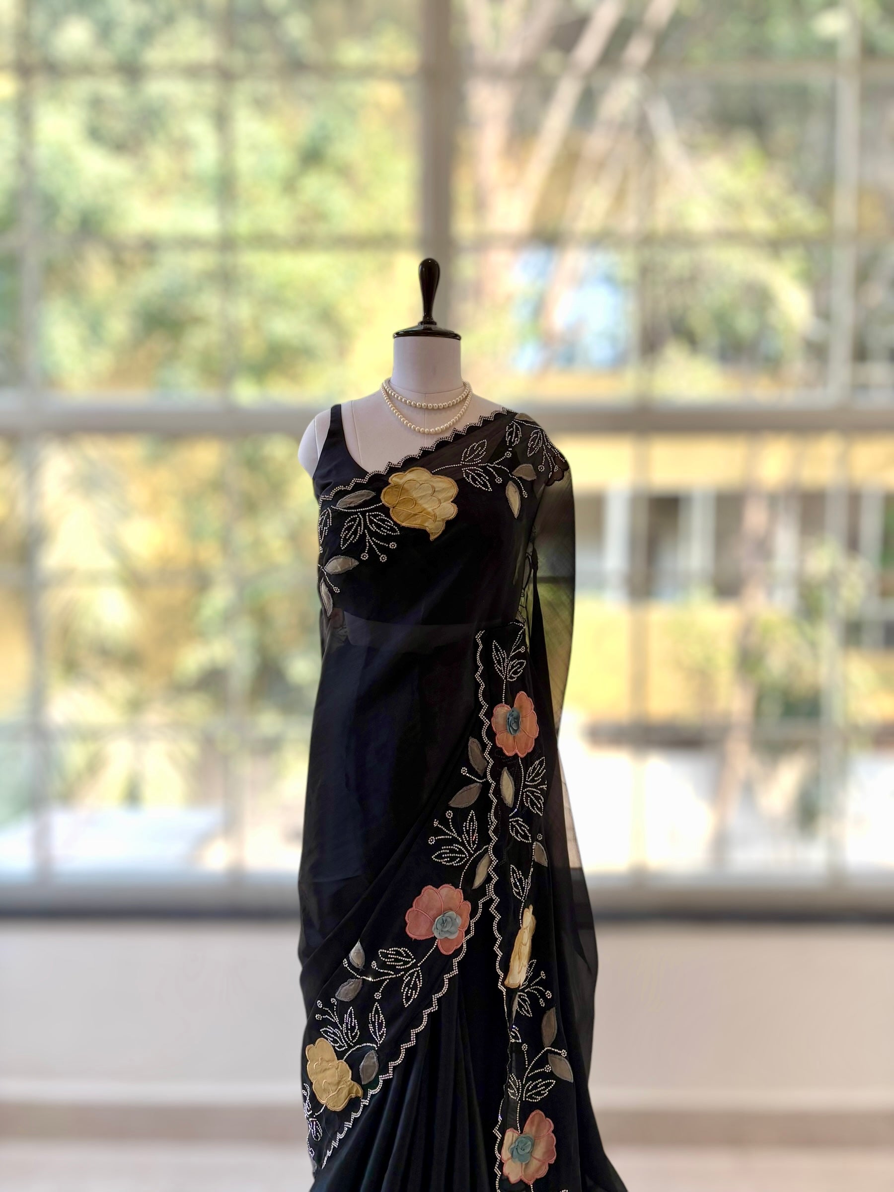 Fendy satin floral stone work saree - Black