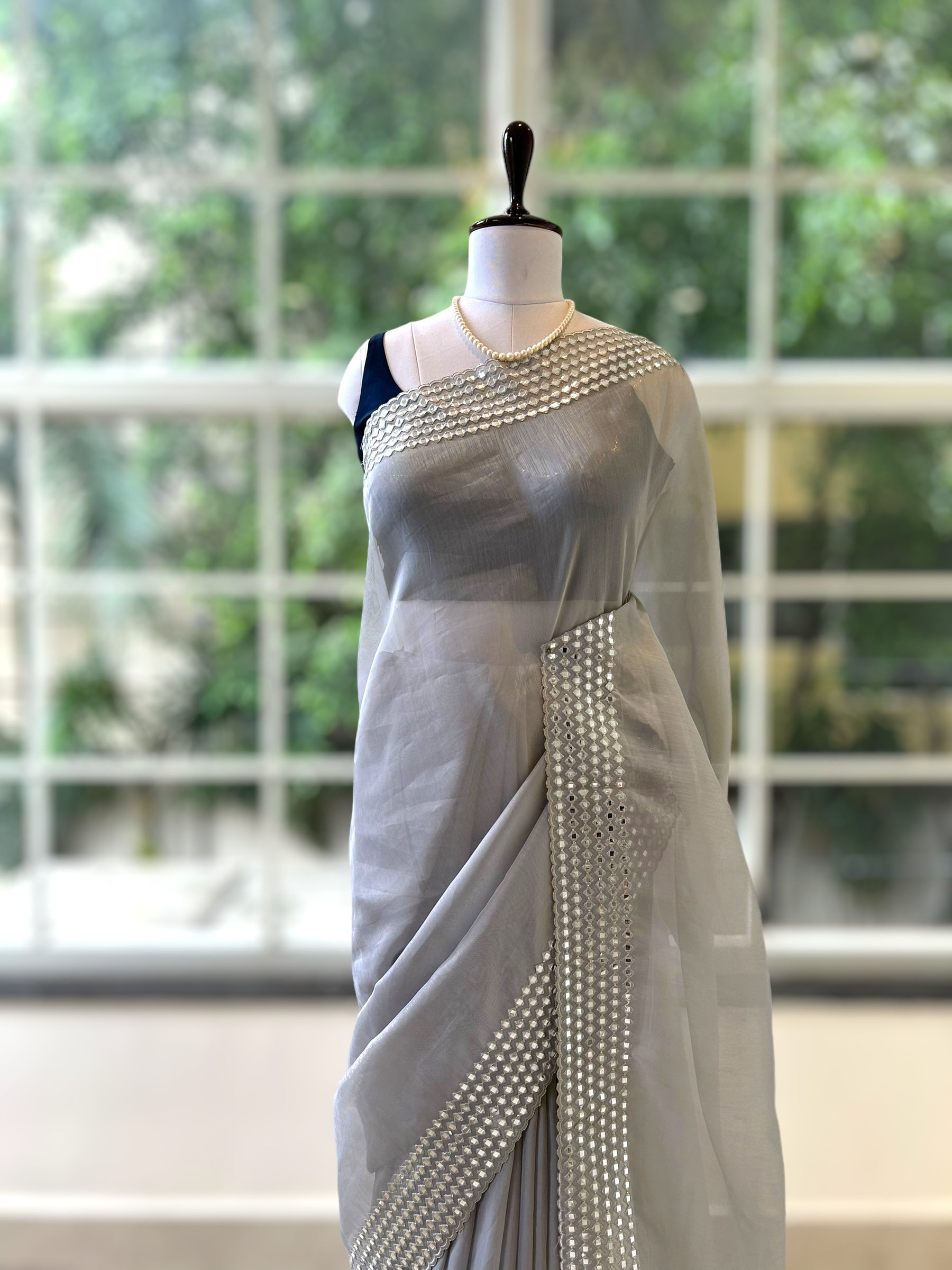 Grey mirror work organza saree