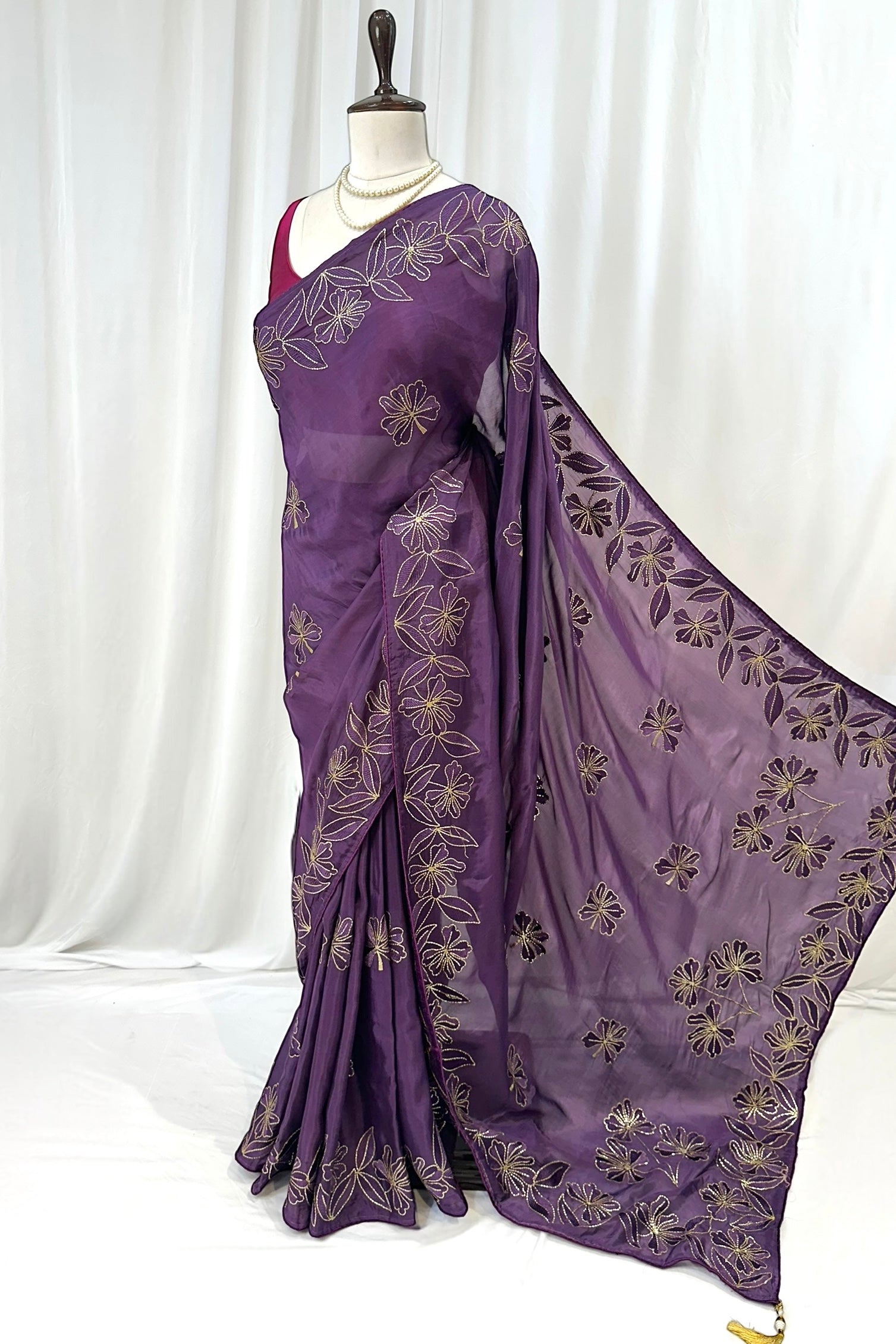 Pure organza embroidered saree - Violet