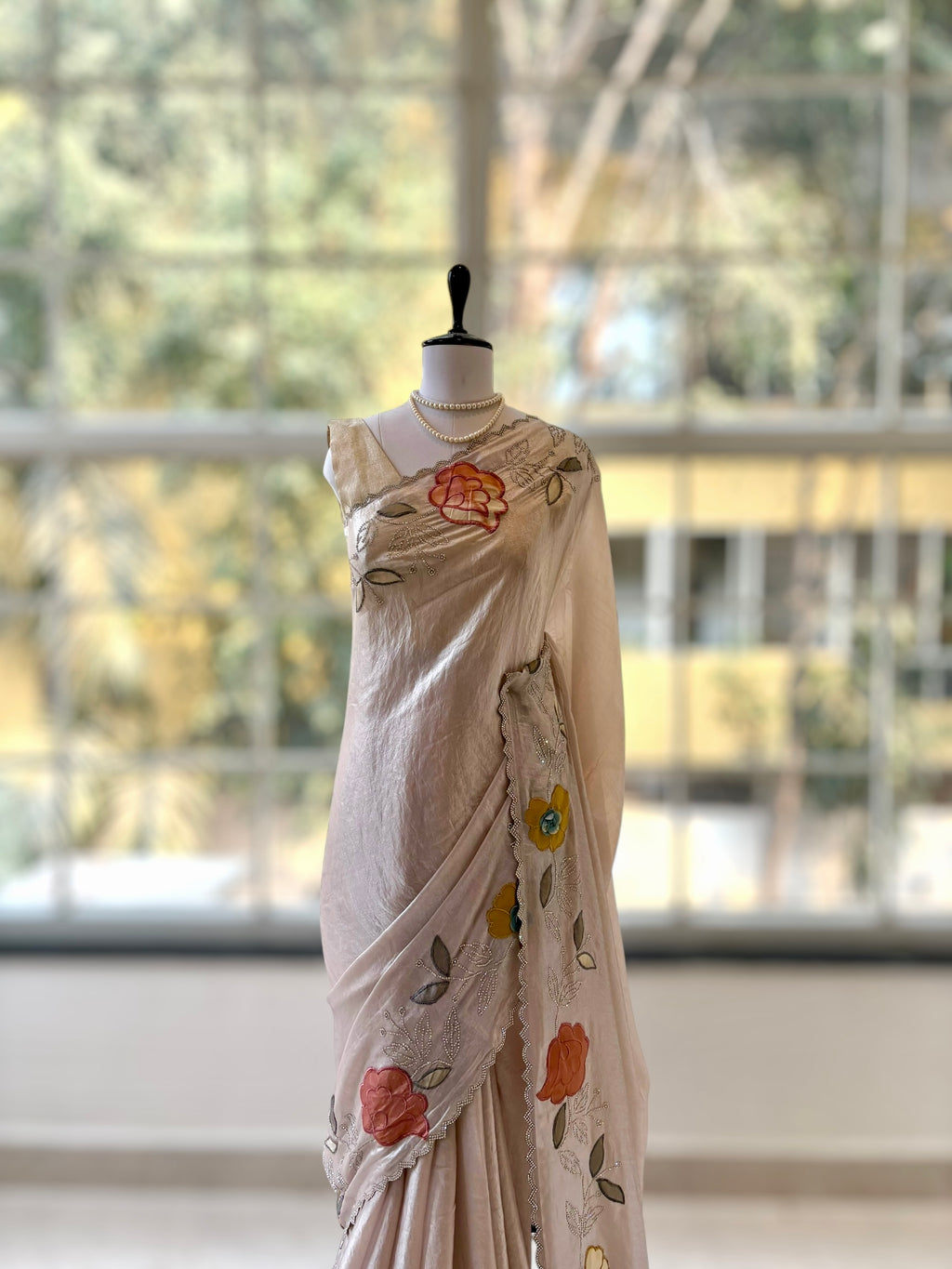 Fendy satin floral stone work saree - Nude