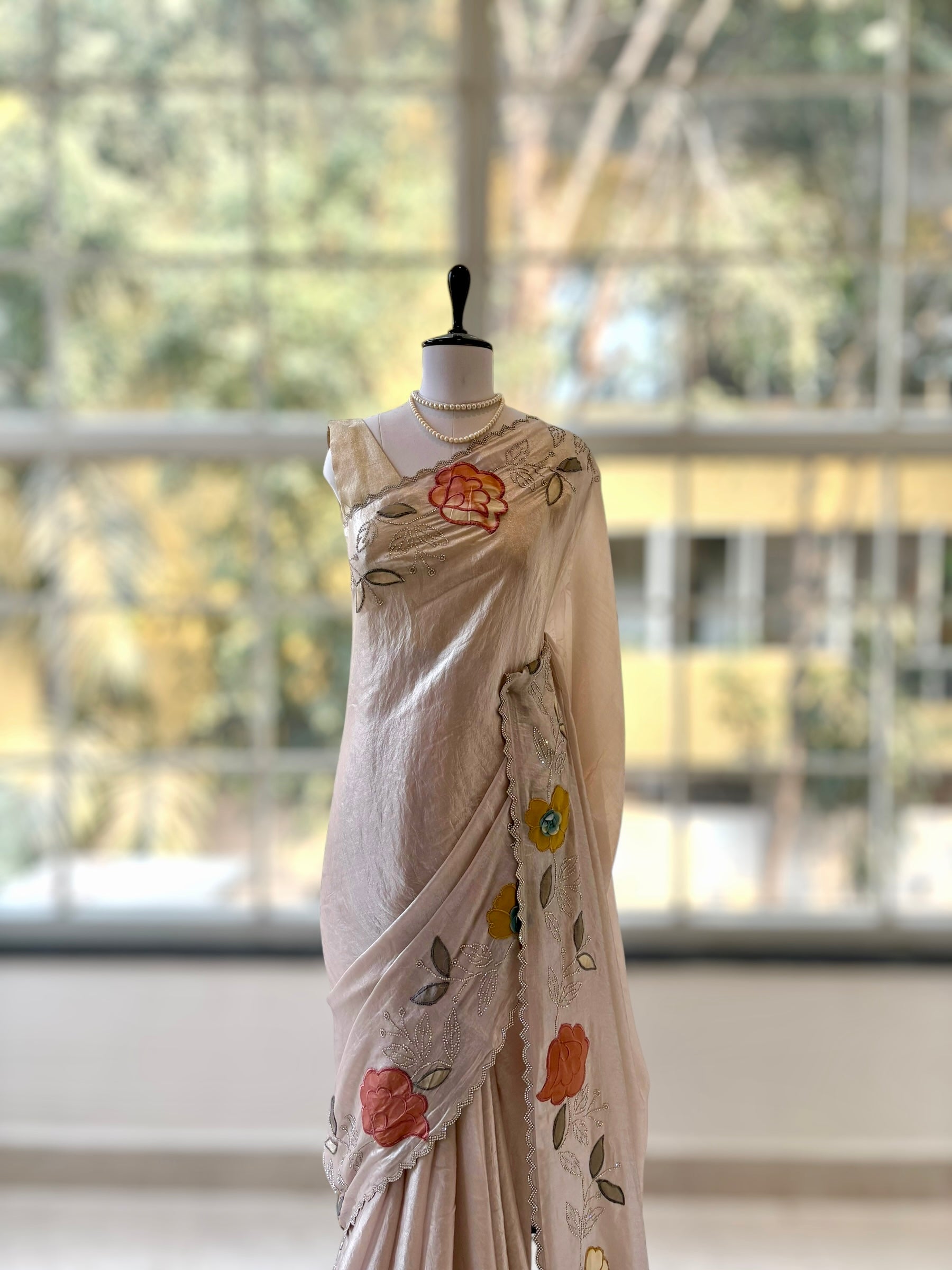 Fendy satin floral stone work saree - Nude