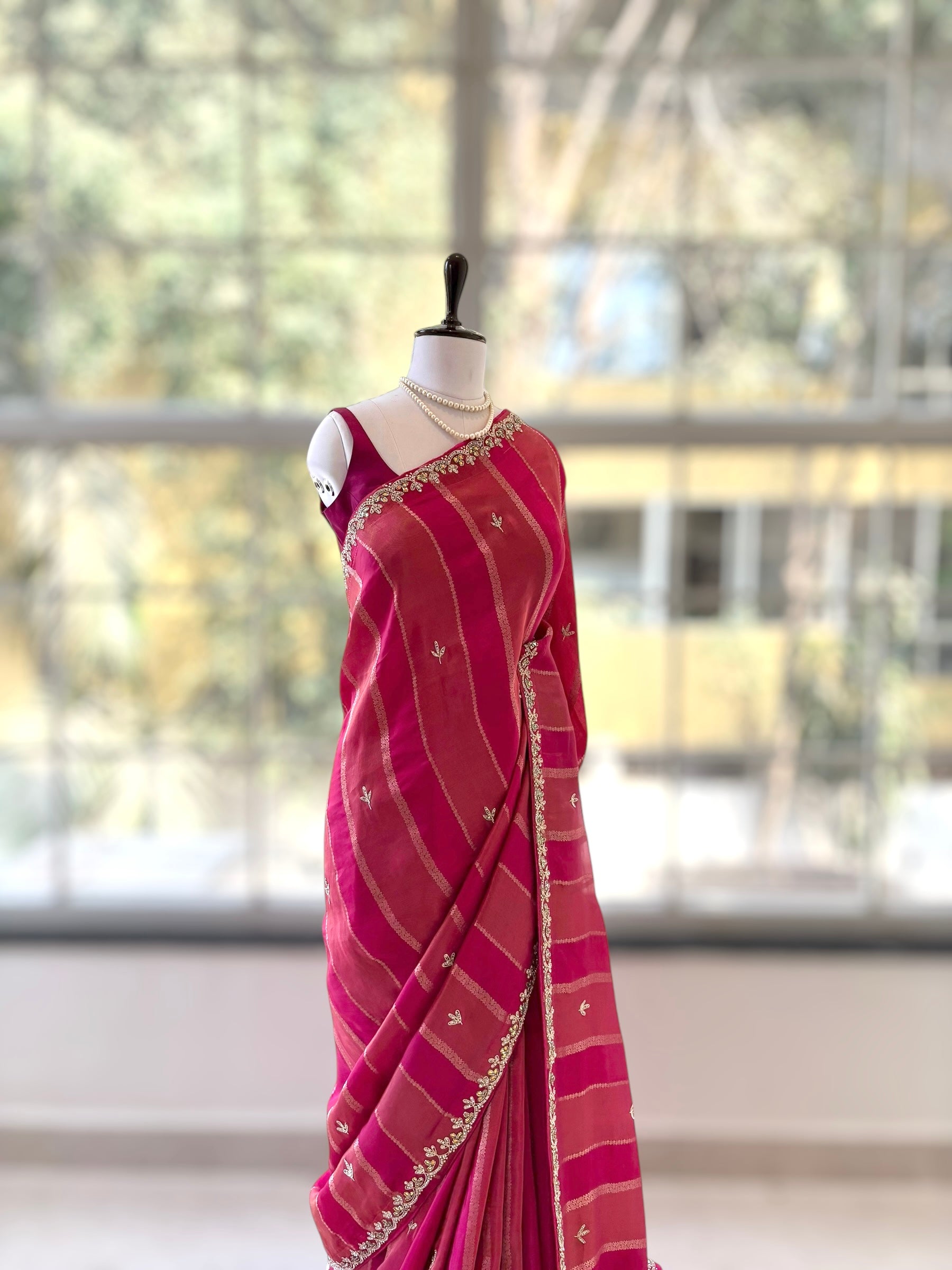Fuchsia pink pure dola silk saree