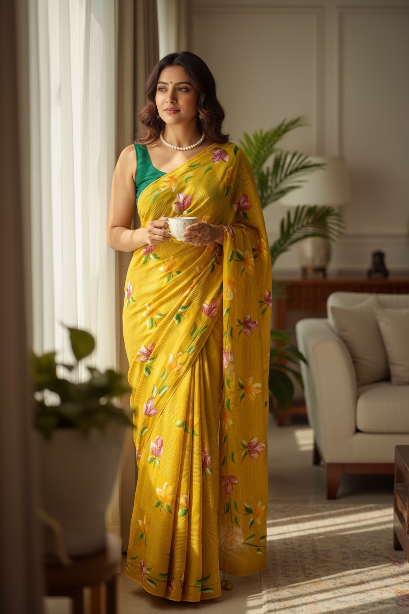 Floral sequins organza saree - Musturd