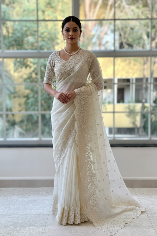 Lucknowi work saree - White