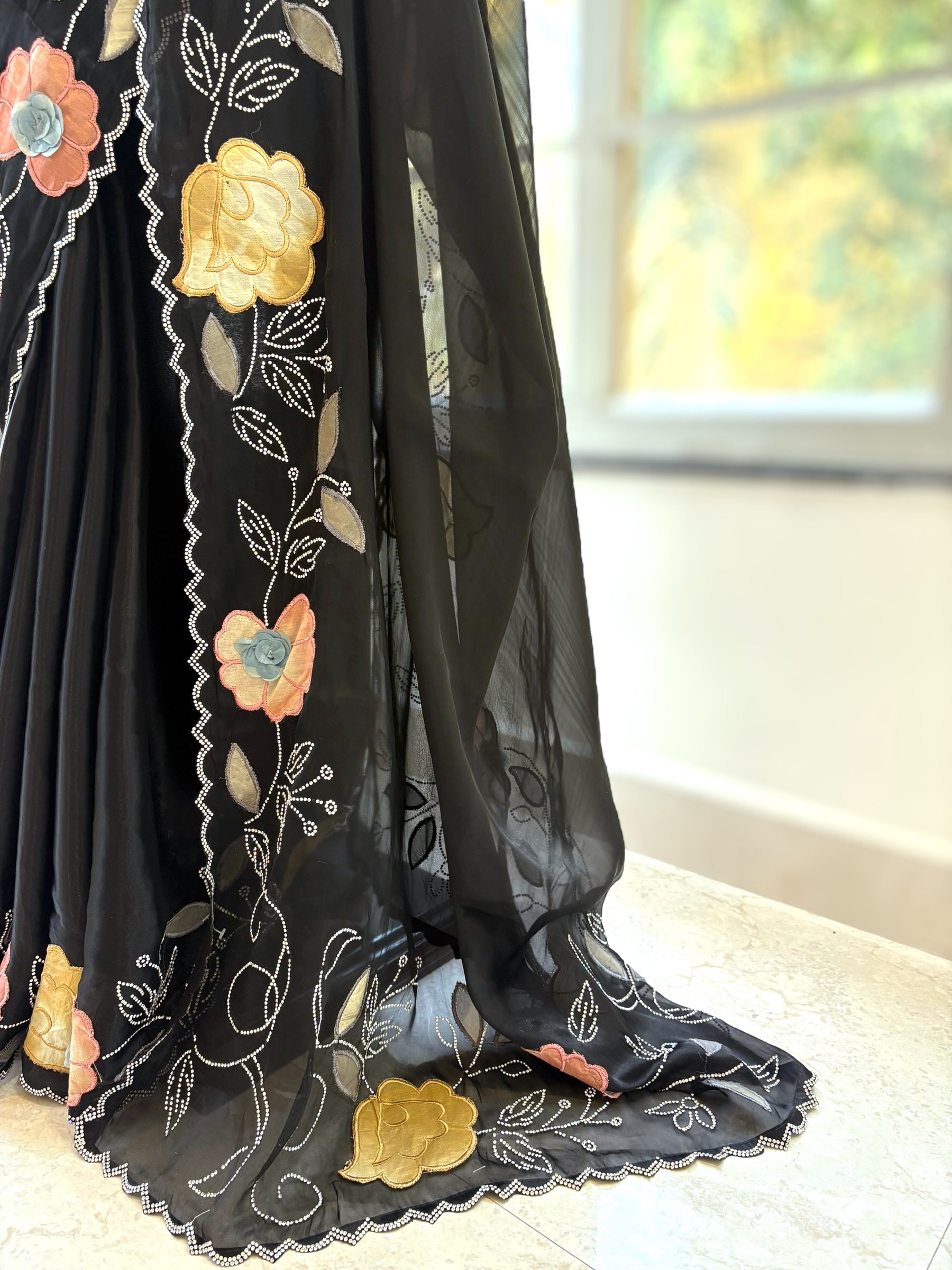 Fendy satin floral stone work saree - Black
